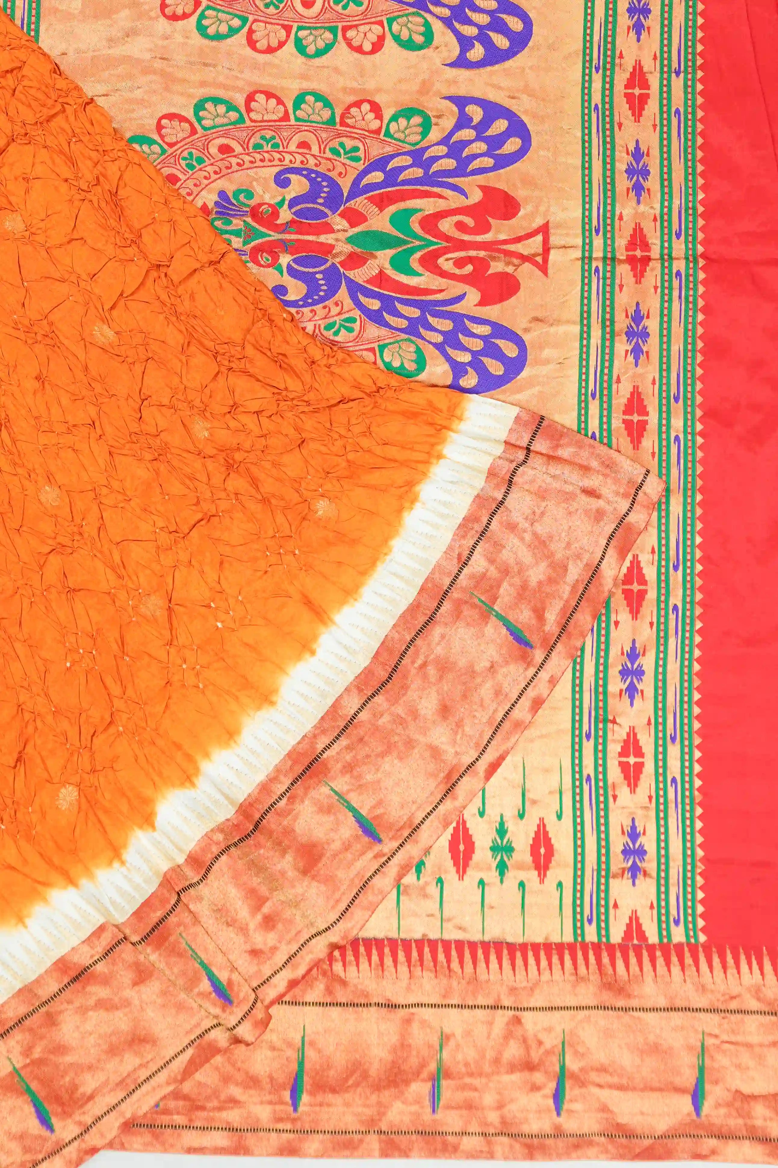 Muniya Silk Bandhani Orange Saree With Paithani Inspired Border