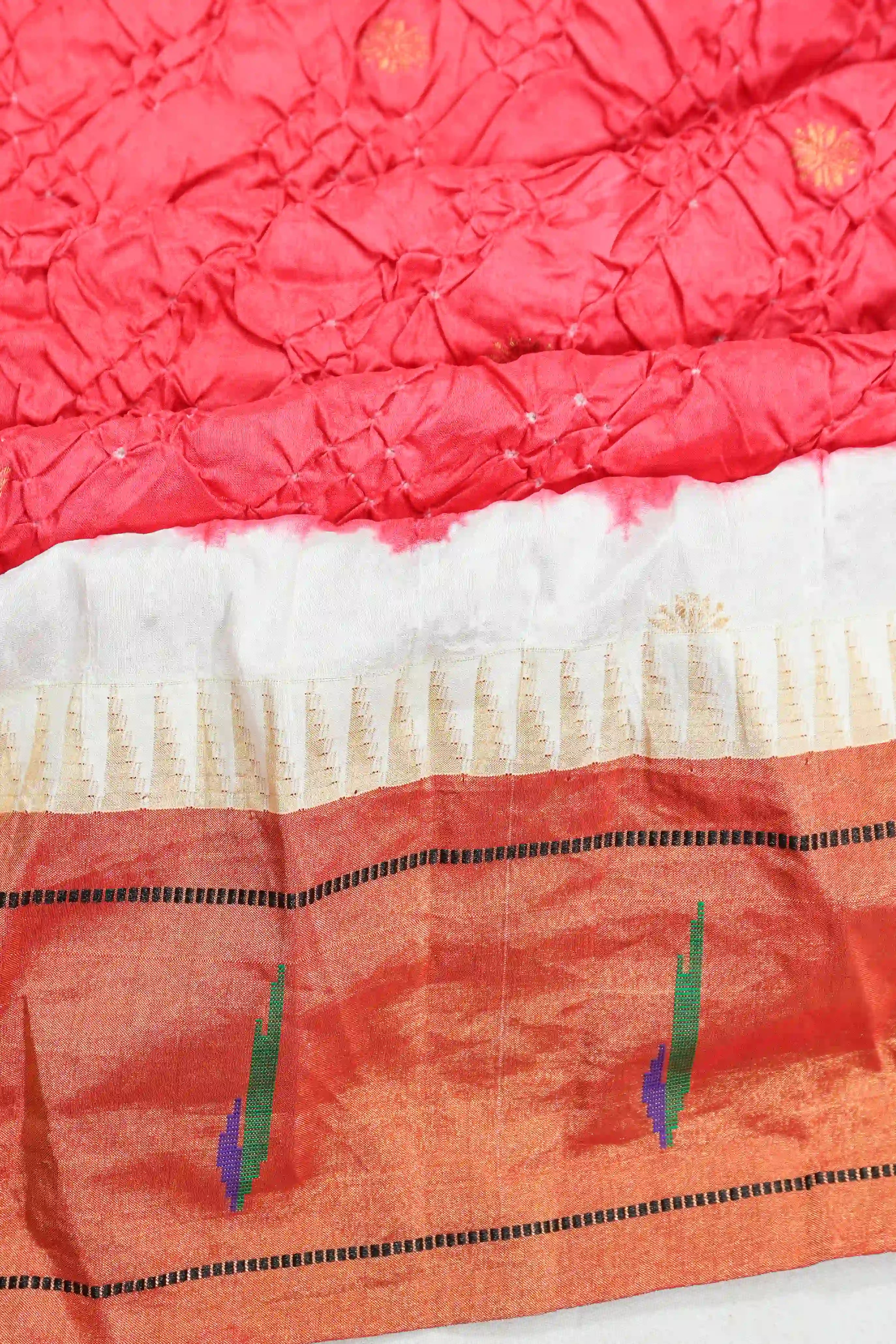 Muniya Silk Bandhani Red Saree With Paithani Inspired Border