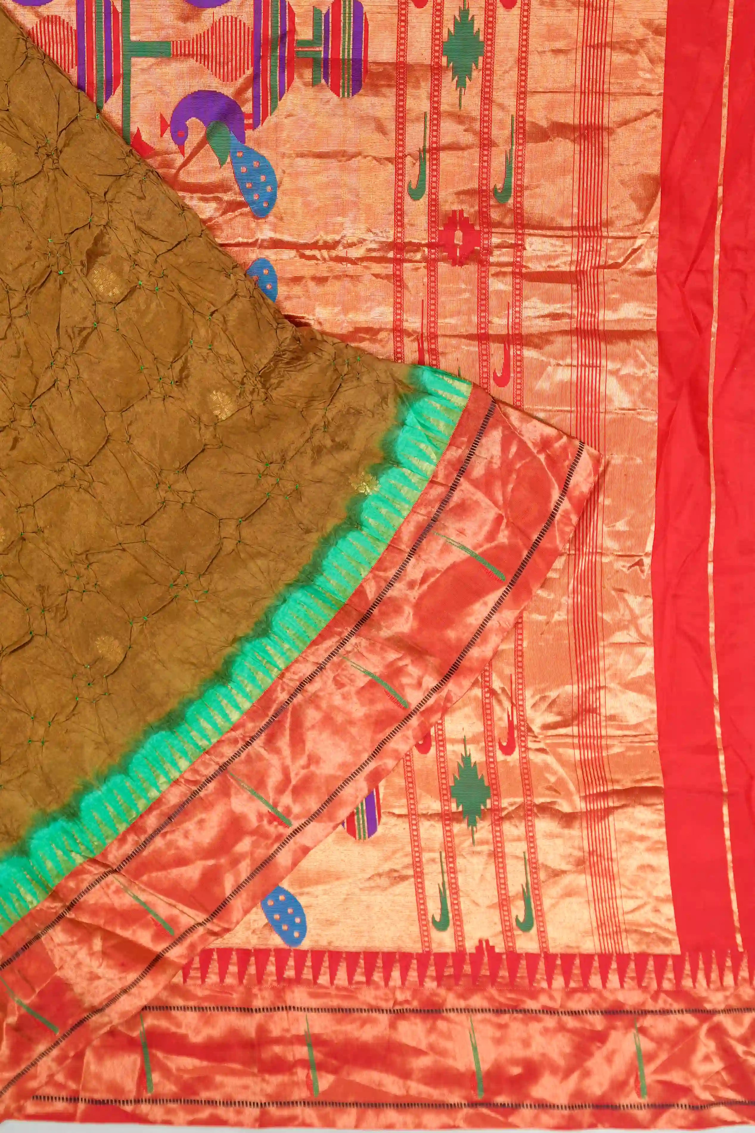 Muniya Silk Bandhani Brown Saree With Paithani Inspired Border