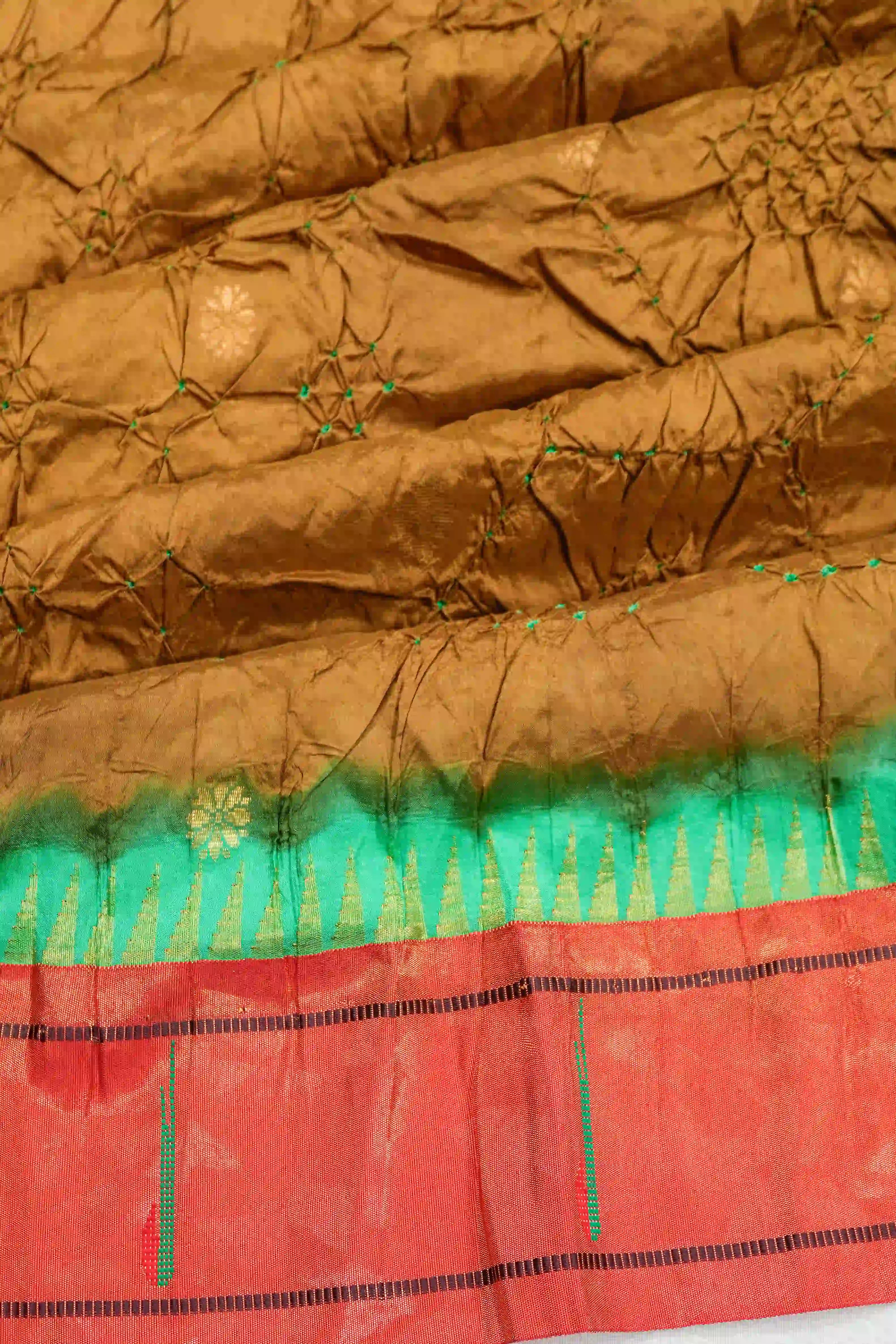 Muniya Silk Bandhani Brown Saree With Paithani Inspired Border