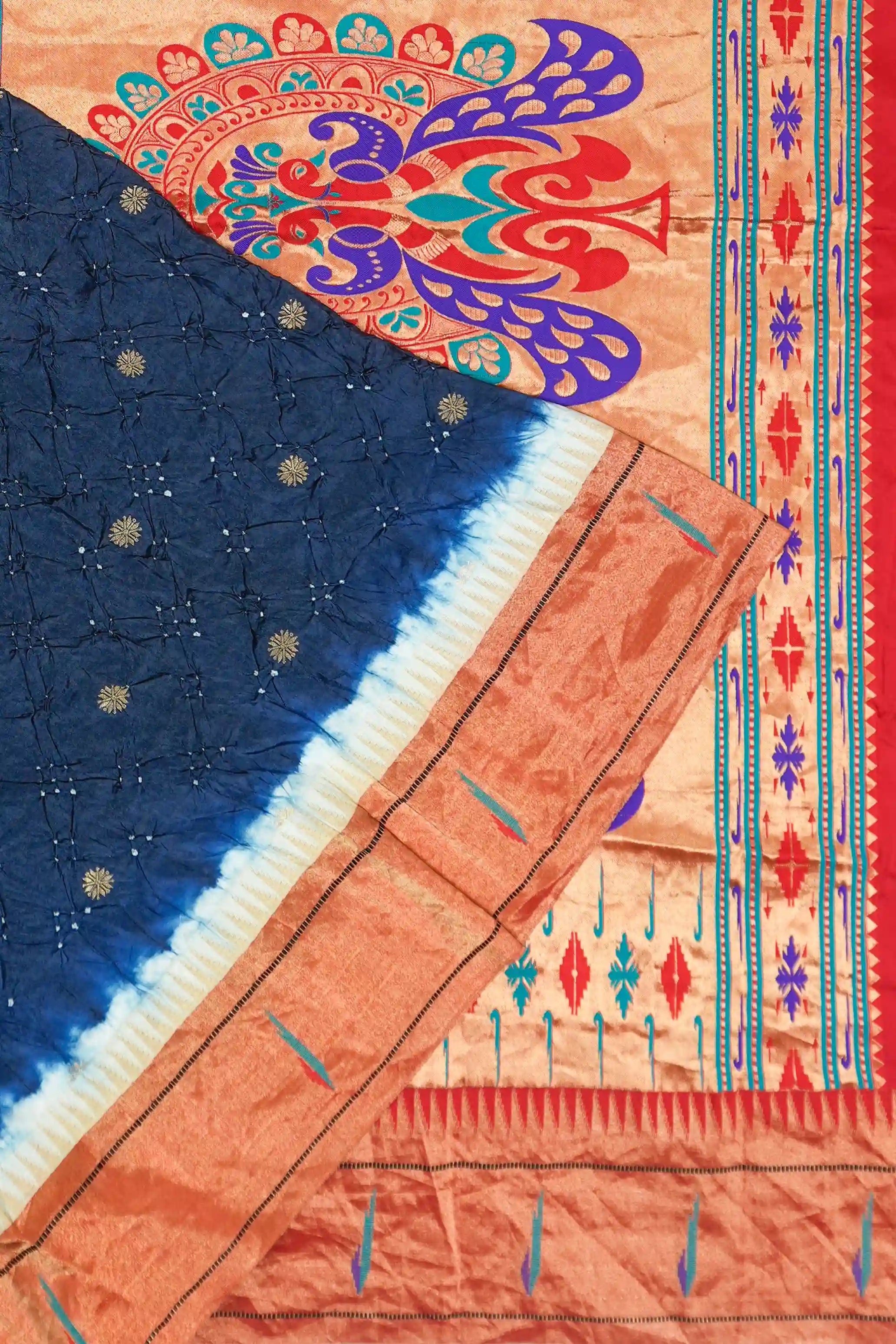 Muniya Silk Bandhani Royal Blue Saree With Paithani Inspired Border