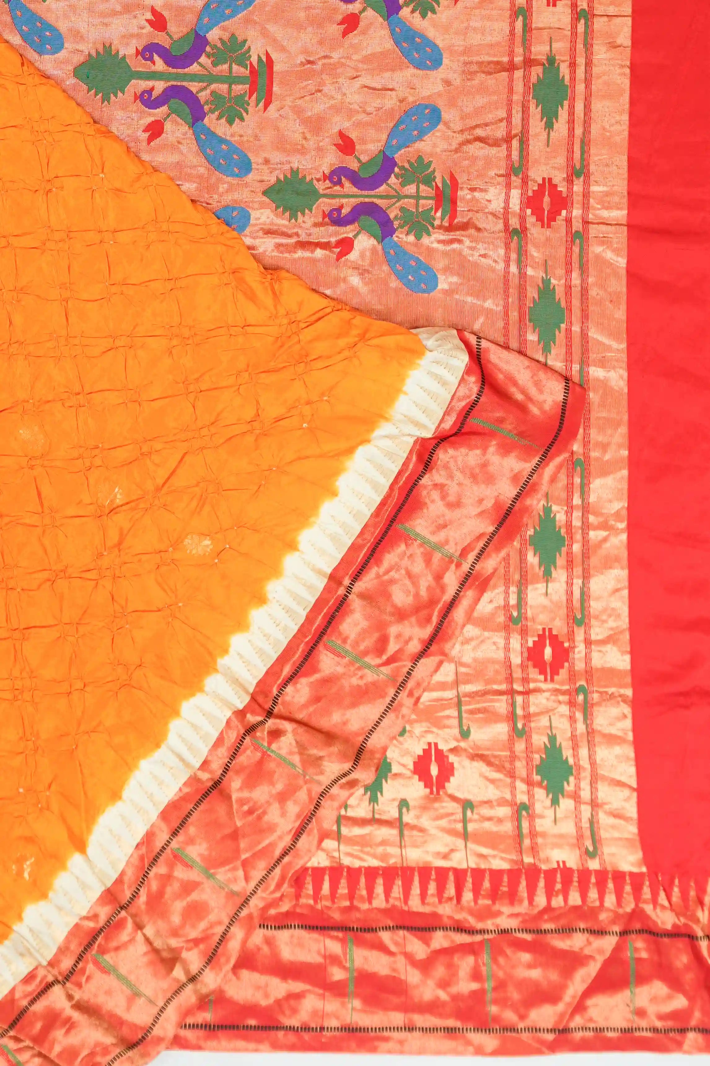 Muniya Silk Bandhani Orange Saree With Paithani Inspired Border