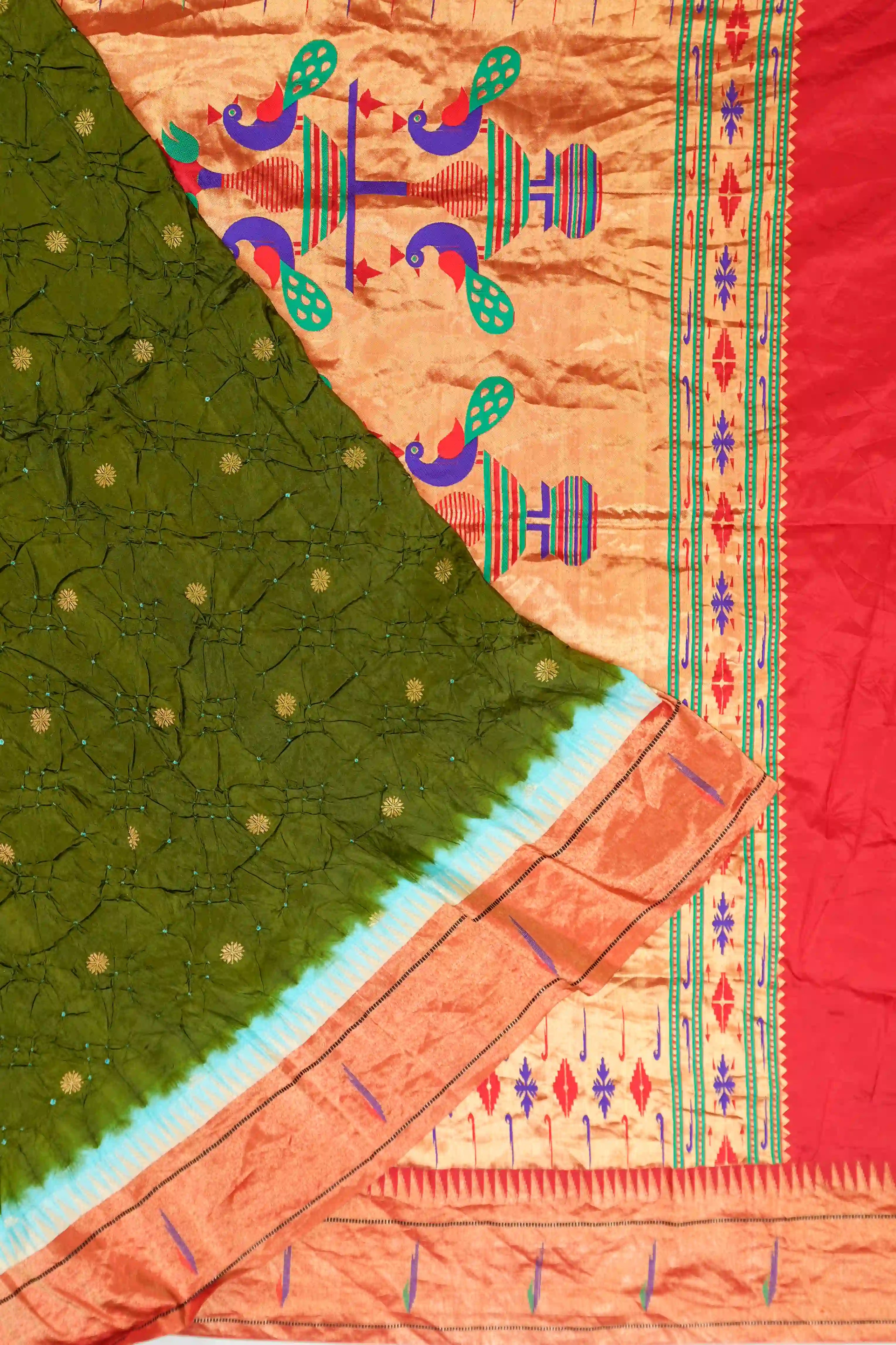 Muniya Silk Bandhani Green Saree With Paithani Inspired Single Muniya Border