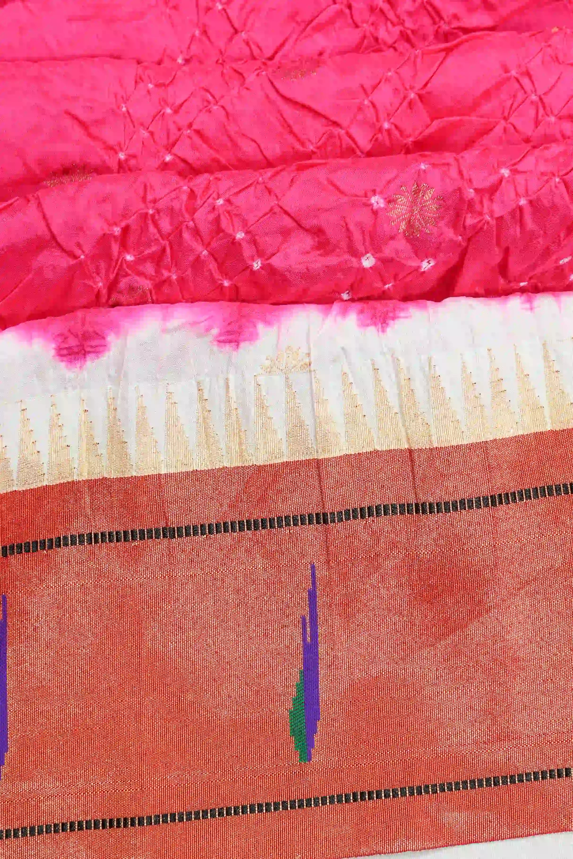 Muniya Silk Bandhani Hot Pink Saree With Paithani Inspired Border