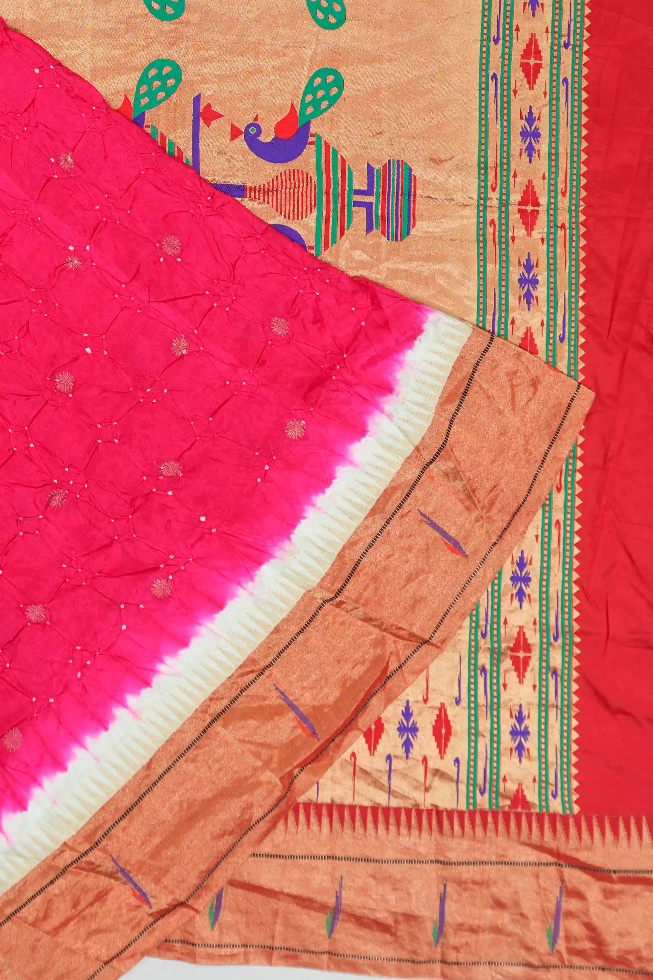 Muniya Silk Bandhani Pinkish Red Saree With Paithani Inspired Border
