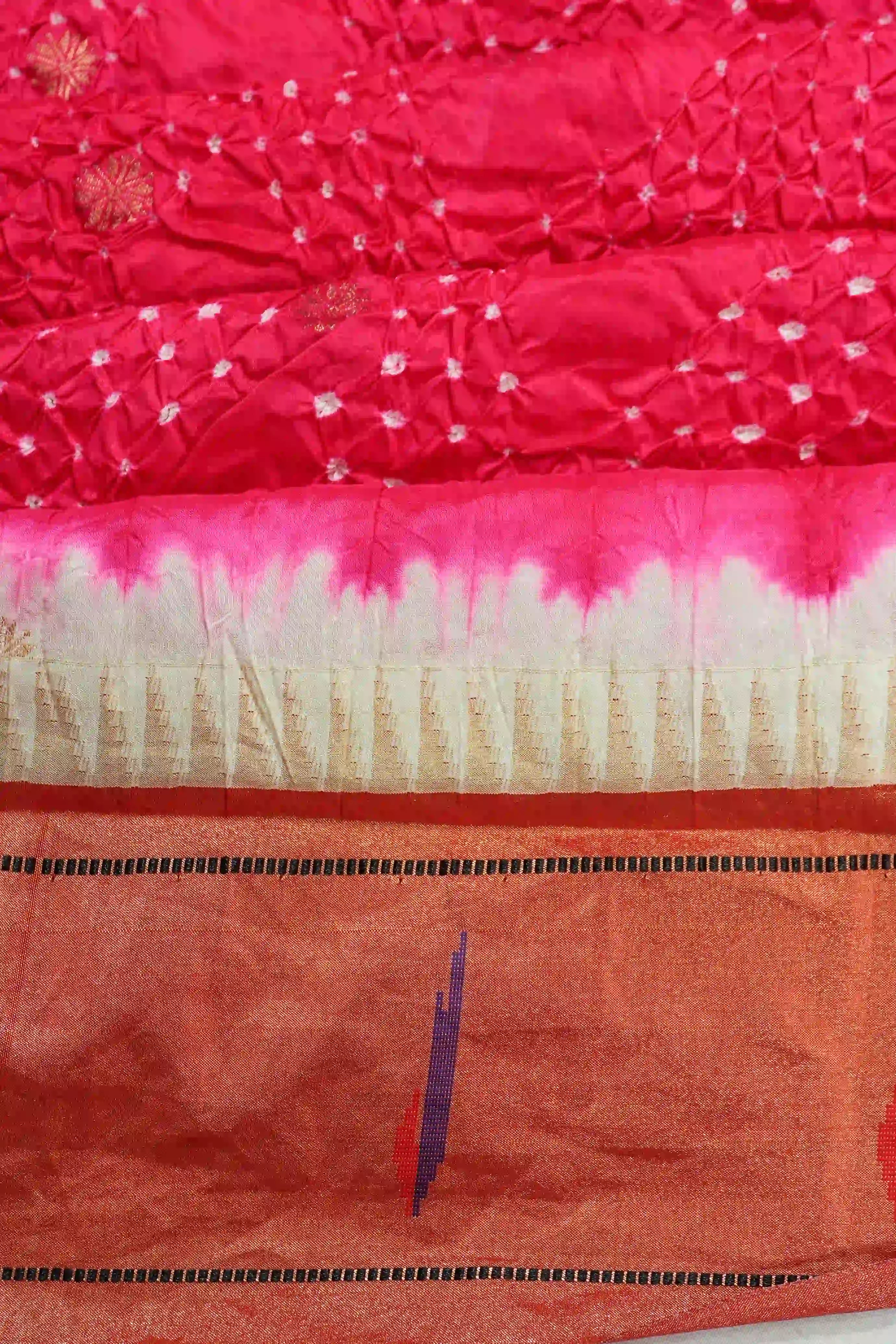 Muniya Silk Bandhani Pinkish Red Saree With Paithani Inspired Border