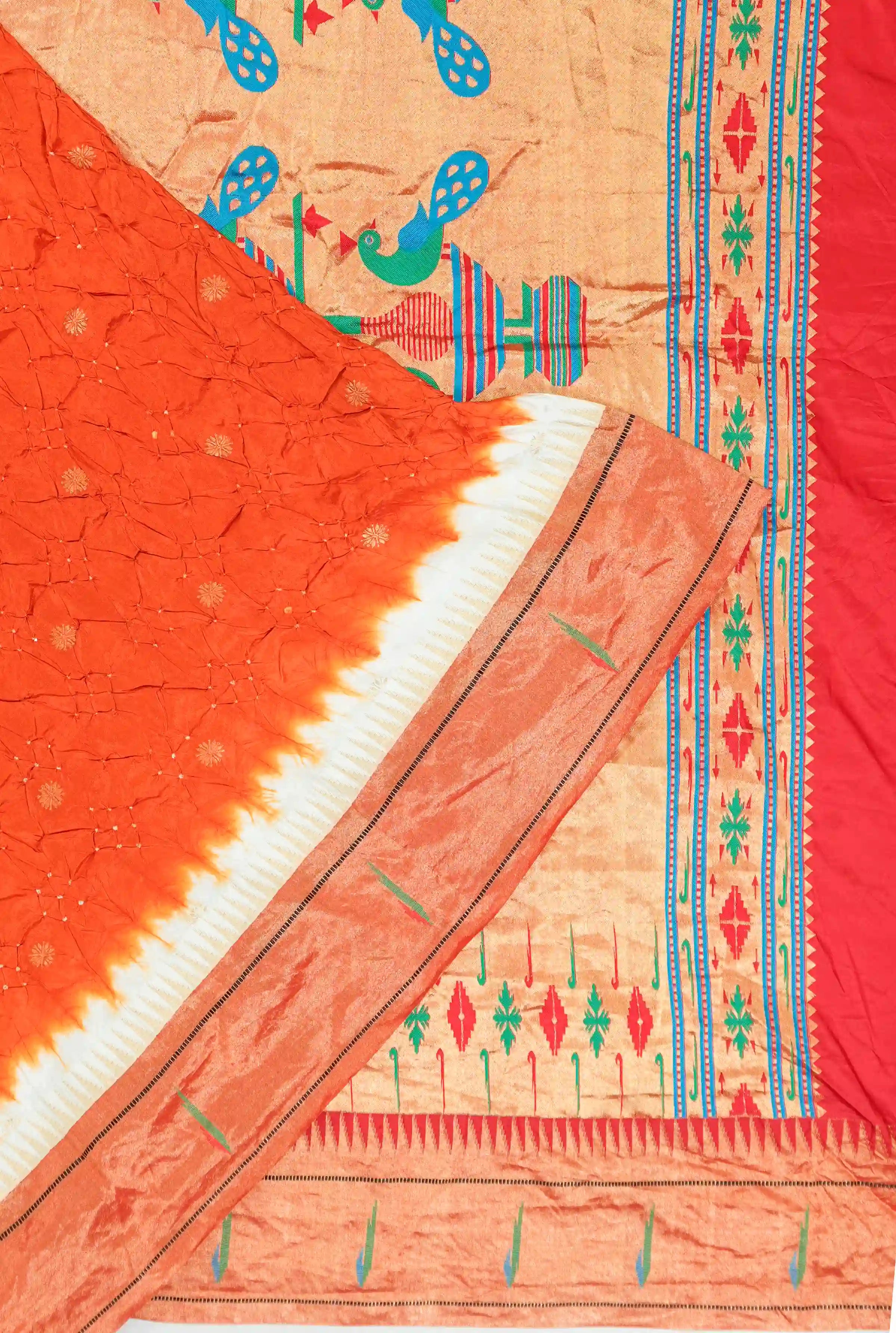 Muniya Silk Bandhani Orange Saree With Paithani Inspired Border