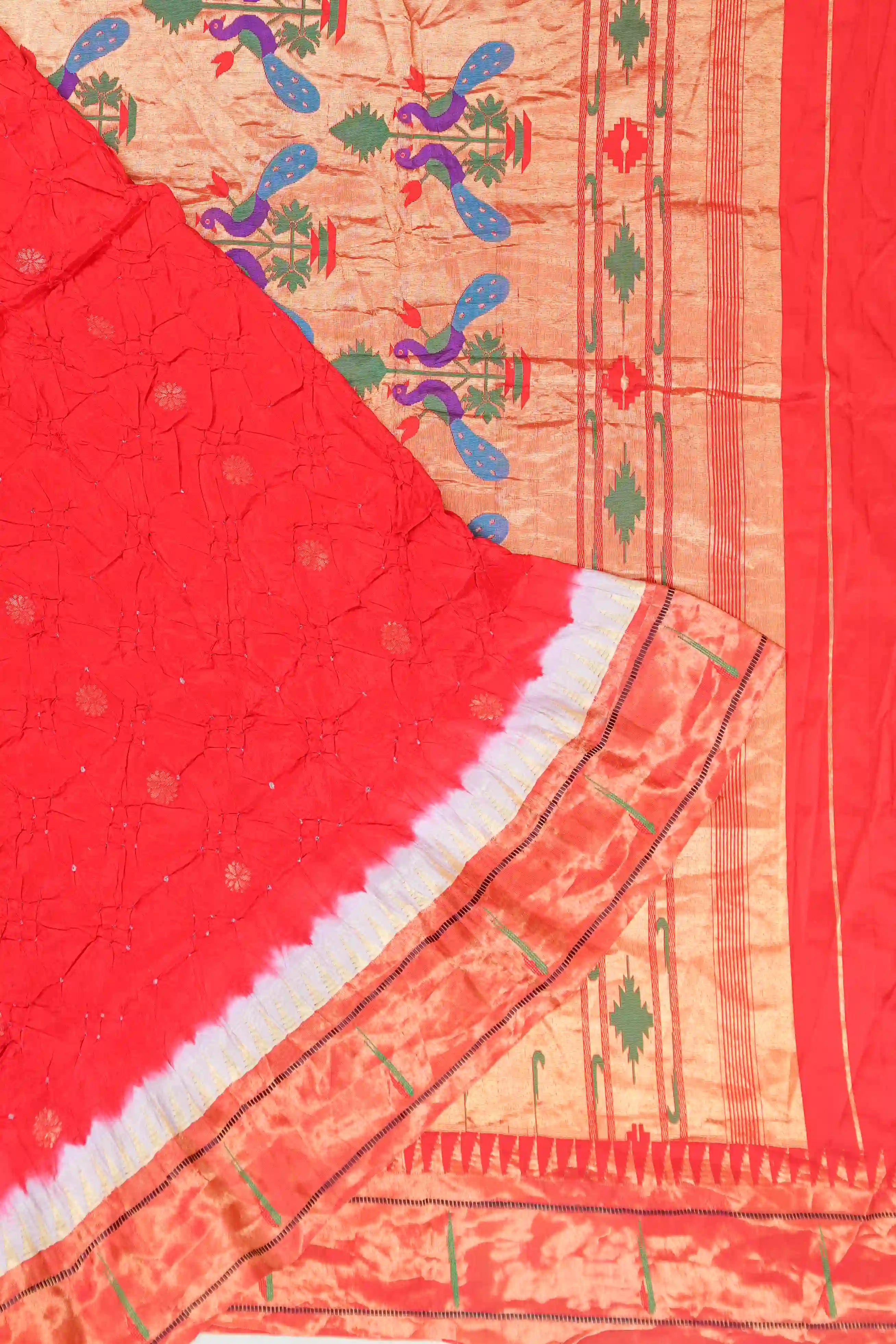 Muniya Silk Bandhani Red Saree With Paithani Inspired Border