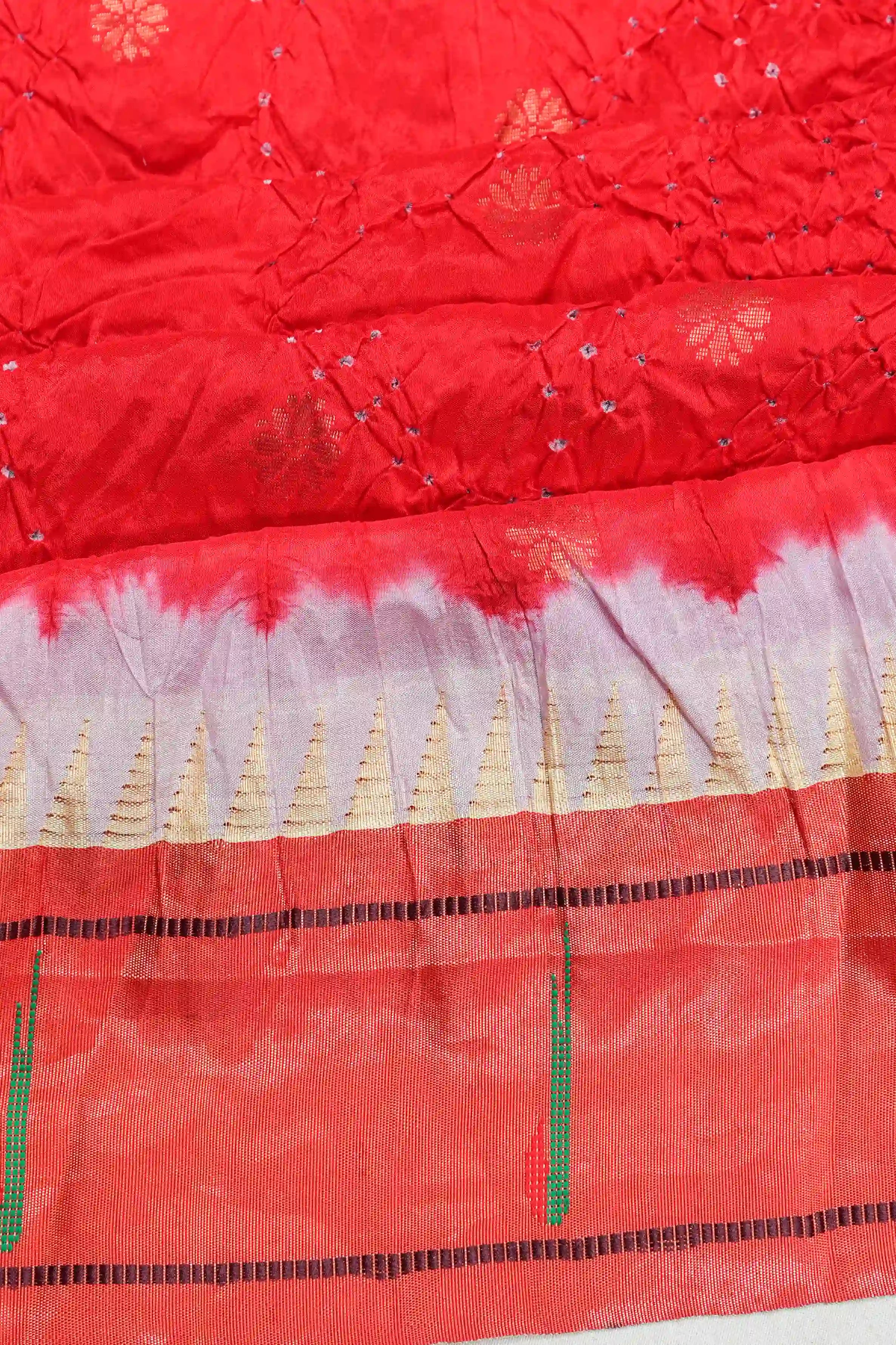 Muniya Silk Bandhani Red Saree With Paithani Inspired Border