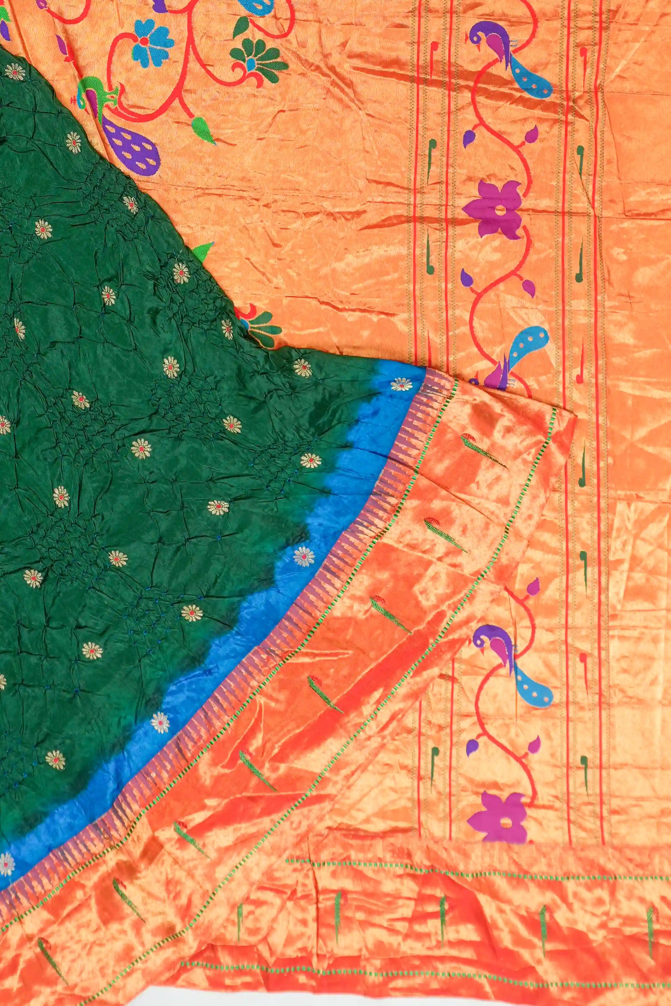 Muniya Silk Bandhani Green Saree with Paithani Inspired Border