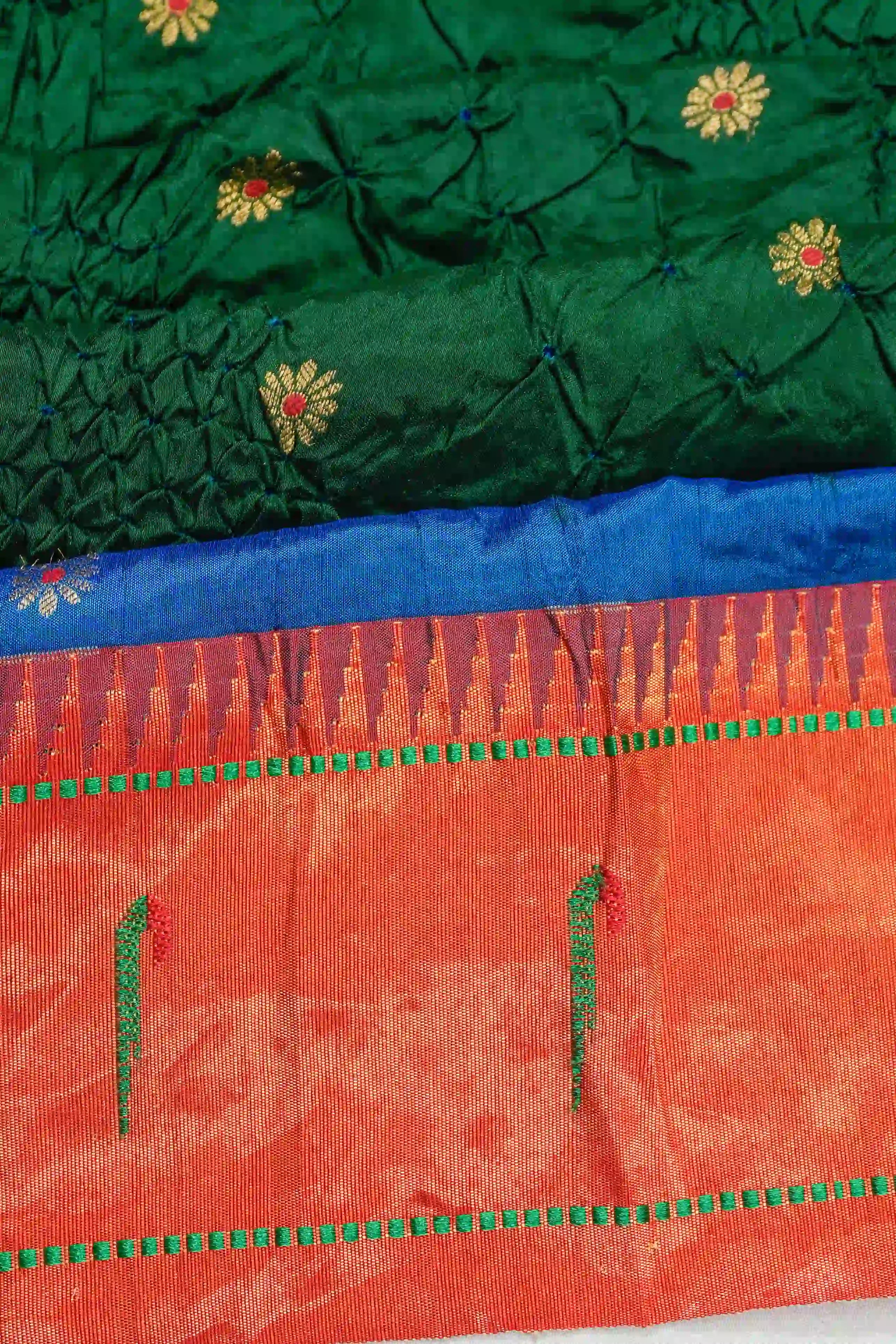 Muniya Silk Bandhani Green Saree with Paithani Inspired Border