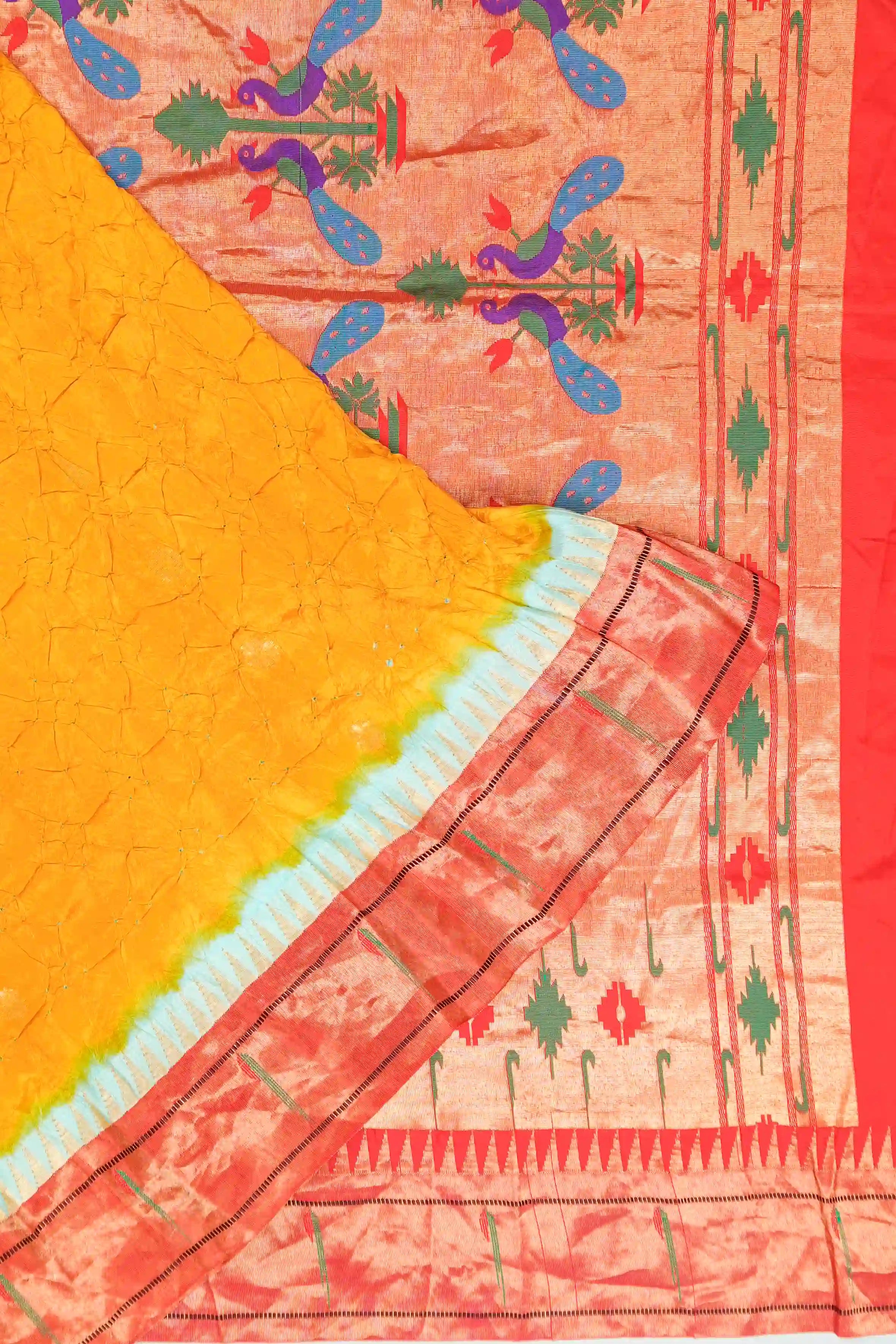 Muniya Silk Bandhani Yellow Saree with Paithani Inspired Border
