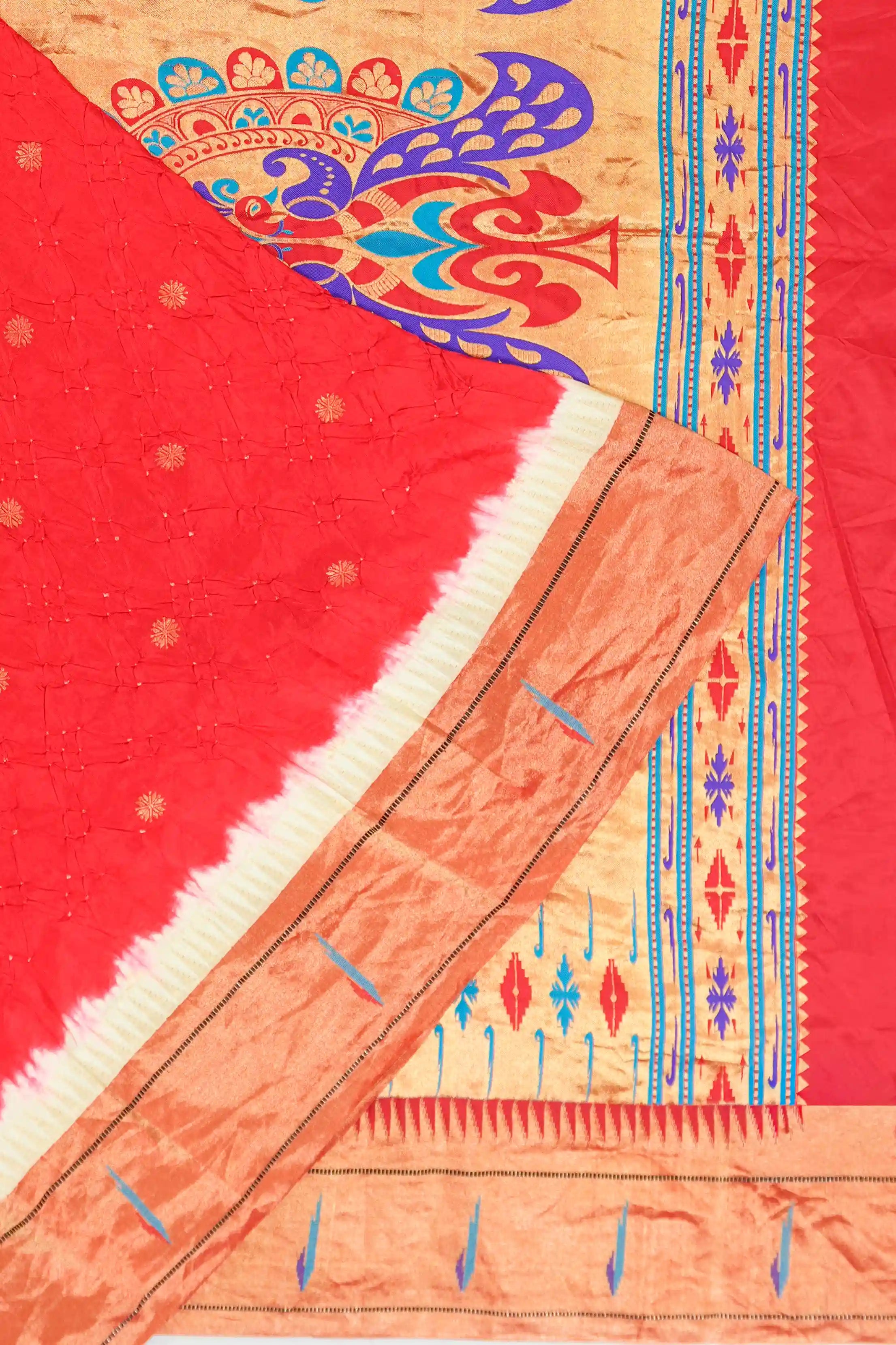 Muniya Silk Bandhani Bright Red Saree with Paithani Inspired Border