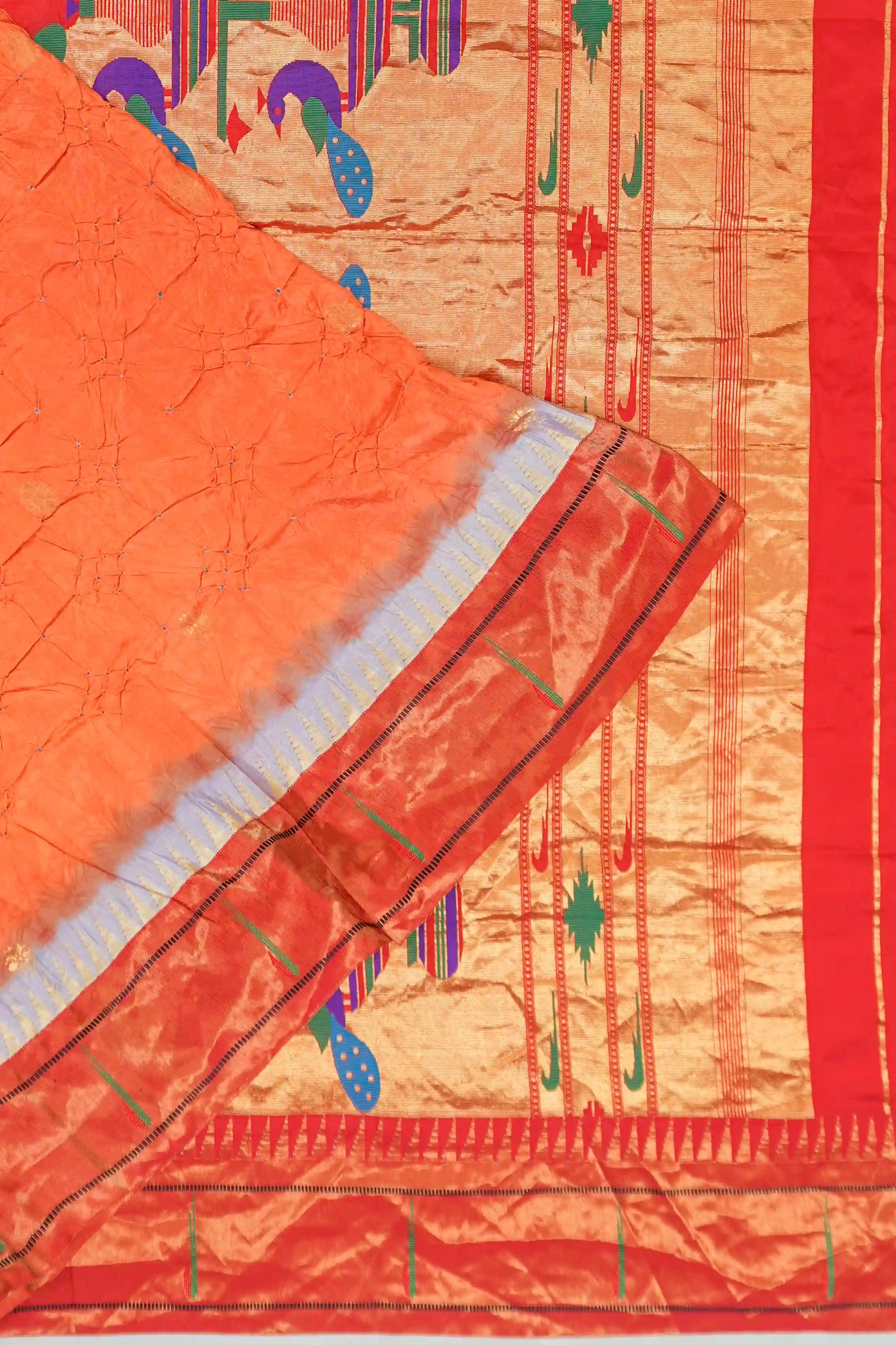 Muniya Silk Bandhani Orange Saree with Paithani Inspired Border