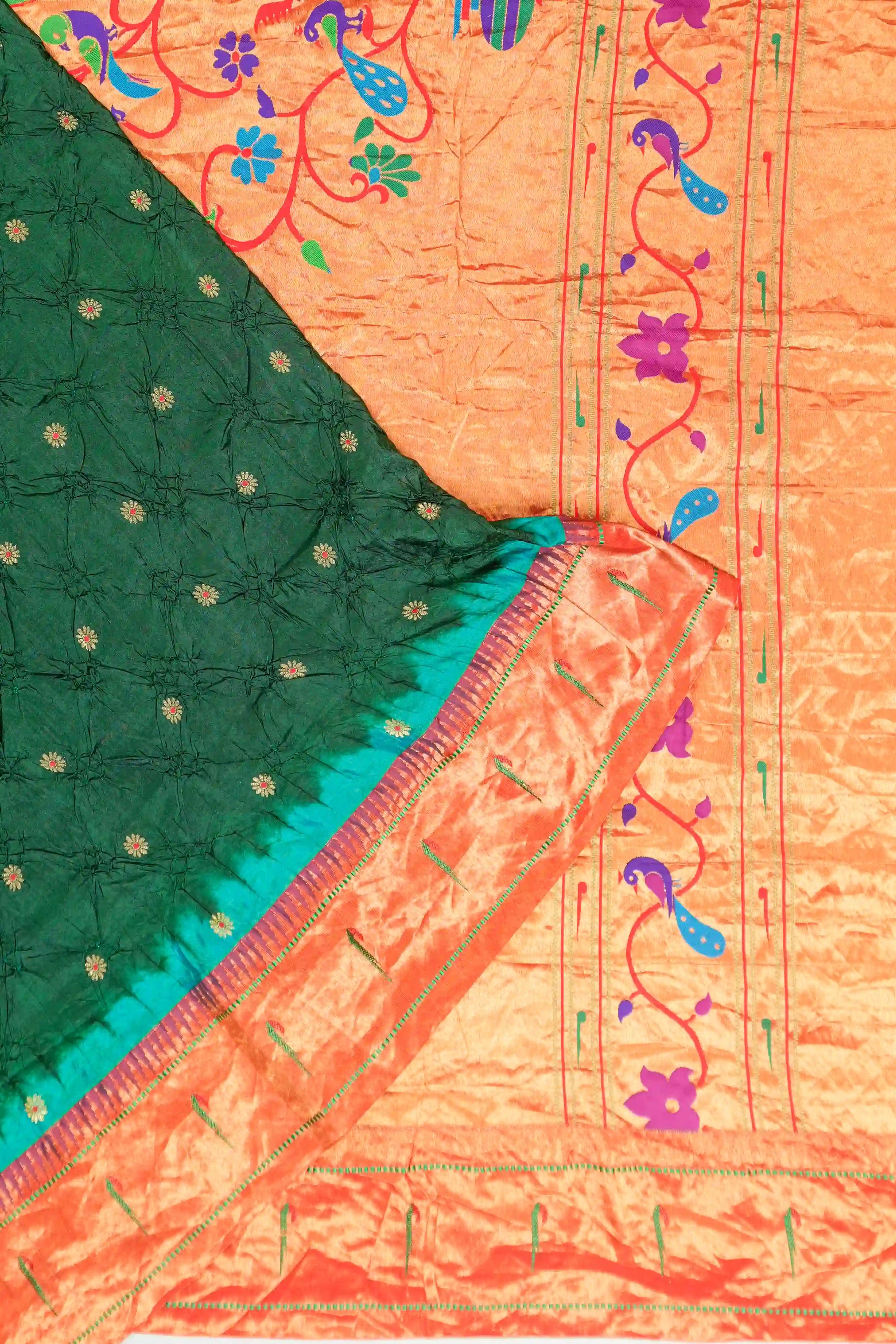 Muniya Silk Bandhani Green Saree with Paithani Inspired Border