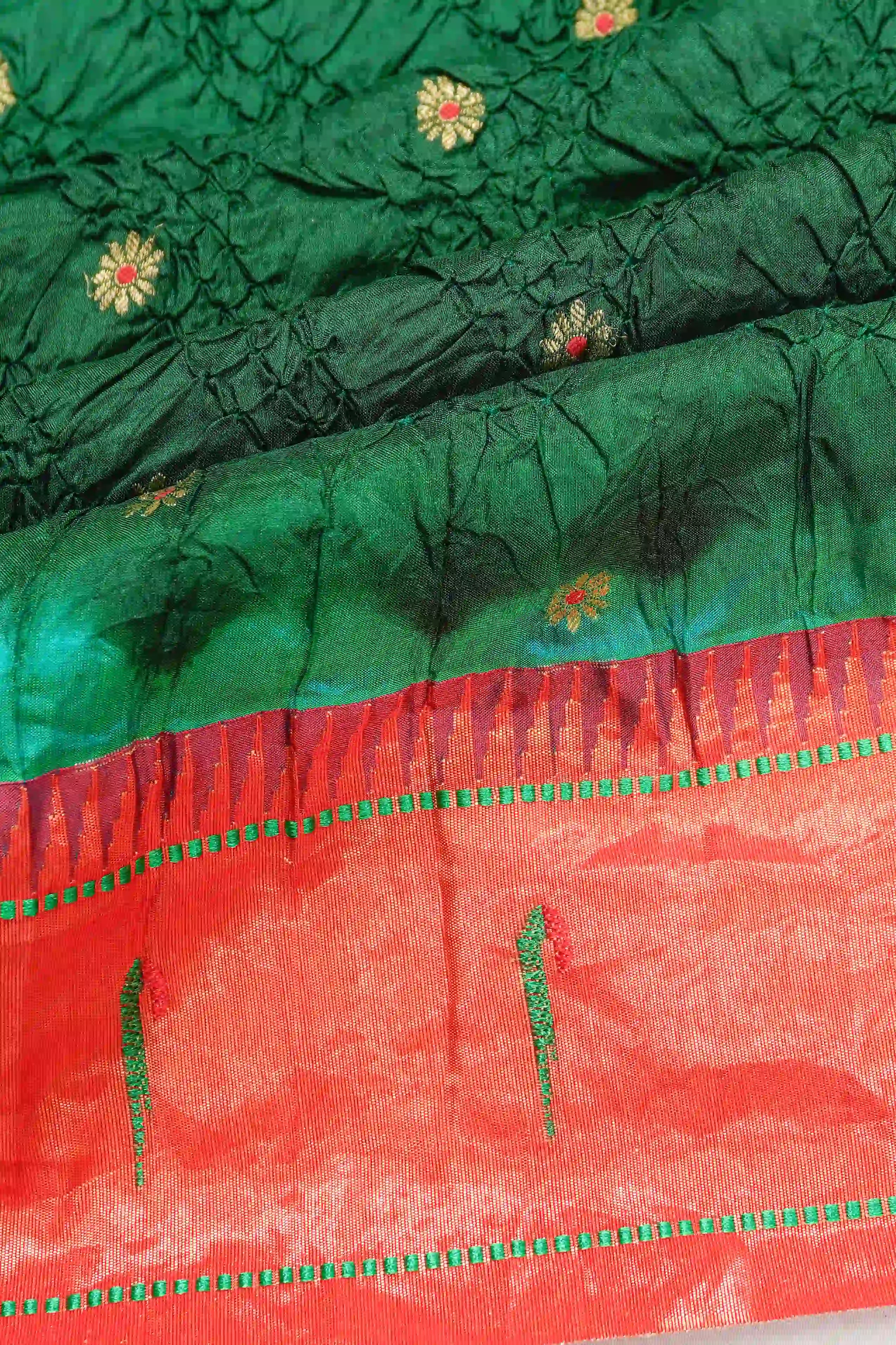 Muniya Silk Bandhani Green Saree with Paithani Inspired Border