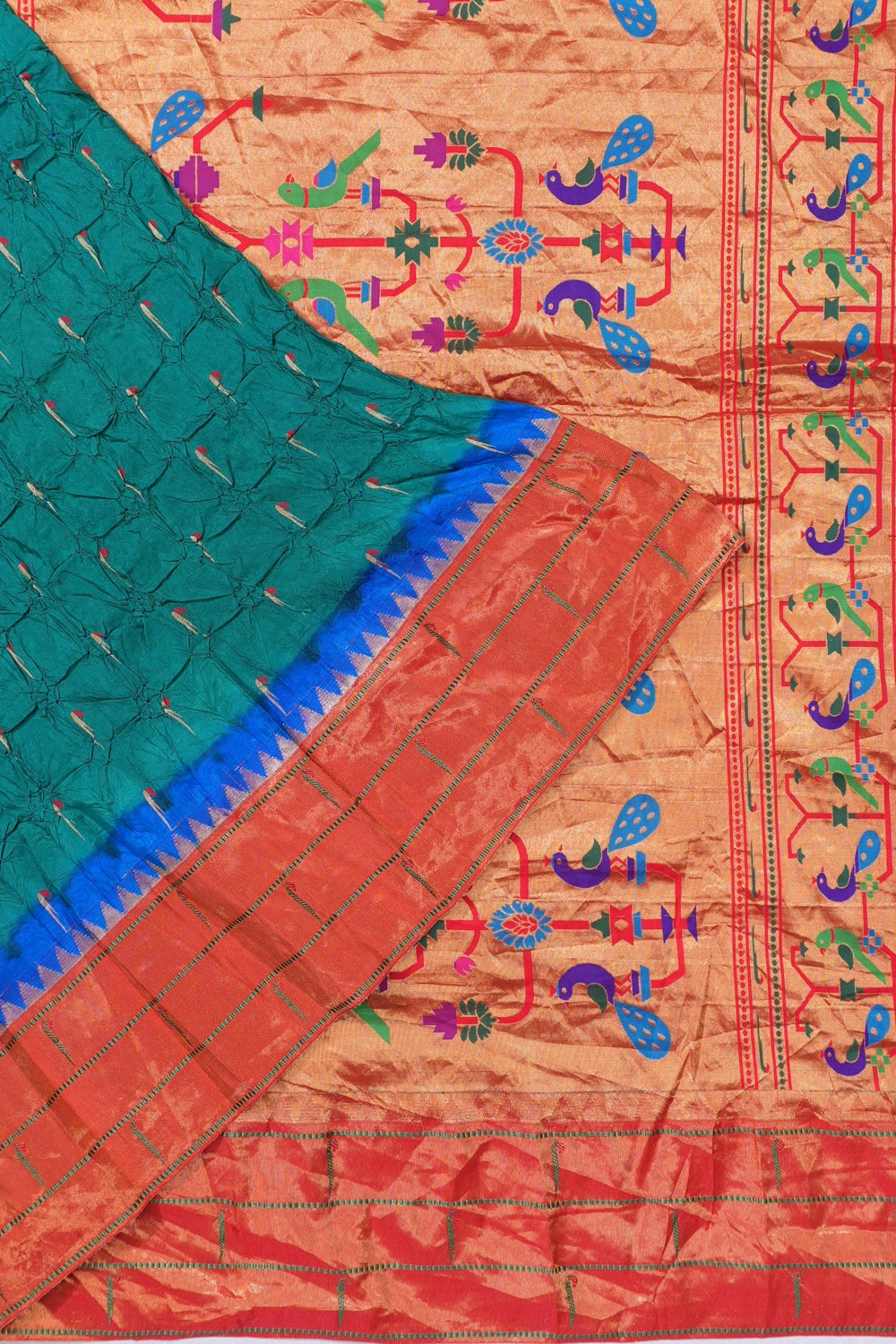 Muniya Silk X Bandhani Butta Green Saree With Paithani Inspired Triple Muniya Border