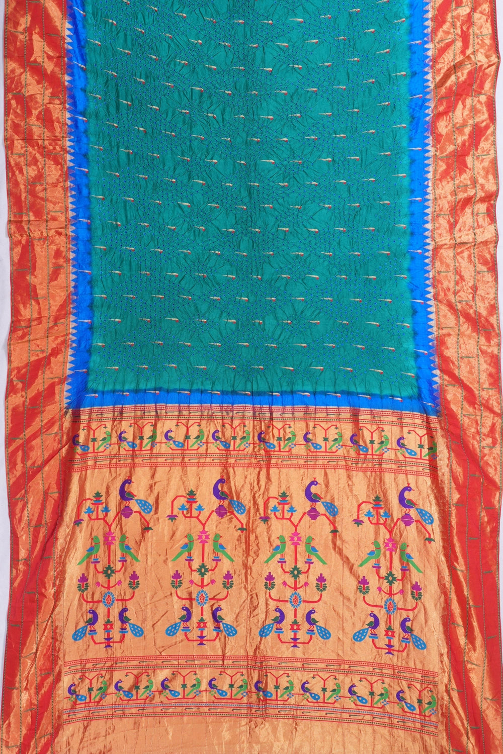 Muniya Silk X Bandhani Butta Green Saree With Paithani Inspired Triple Muniya Border
