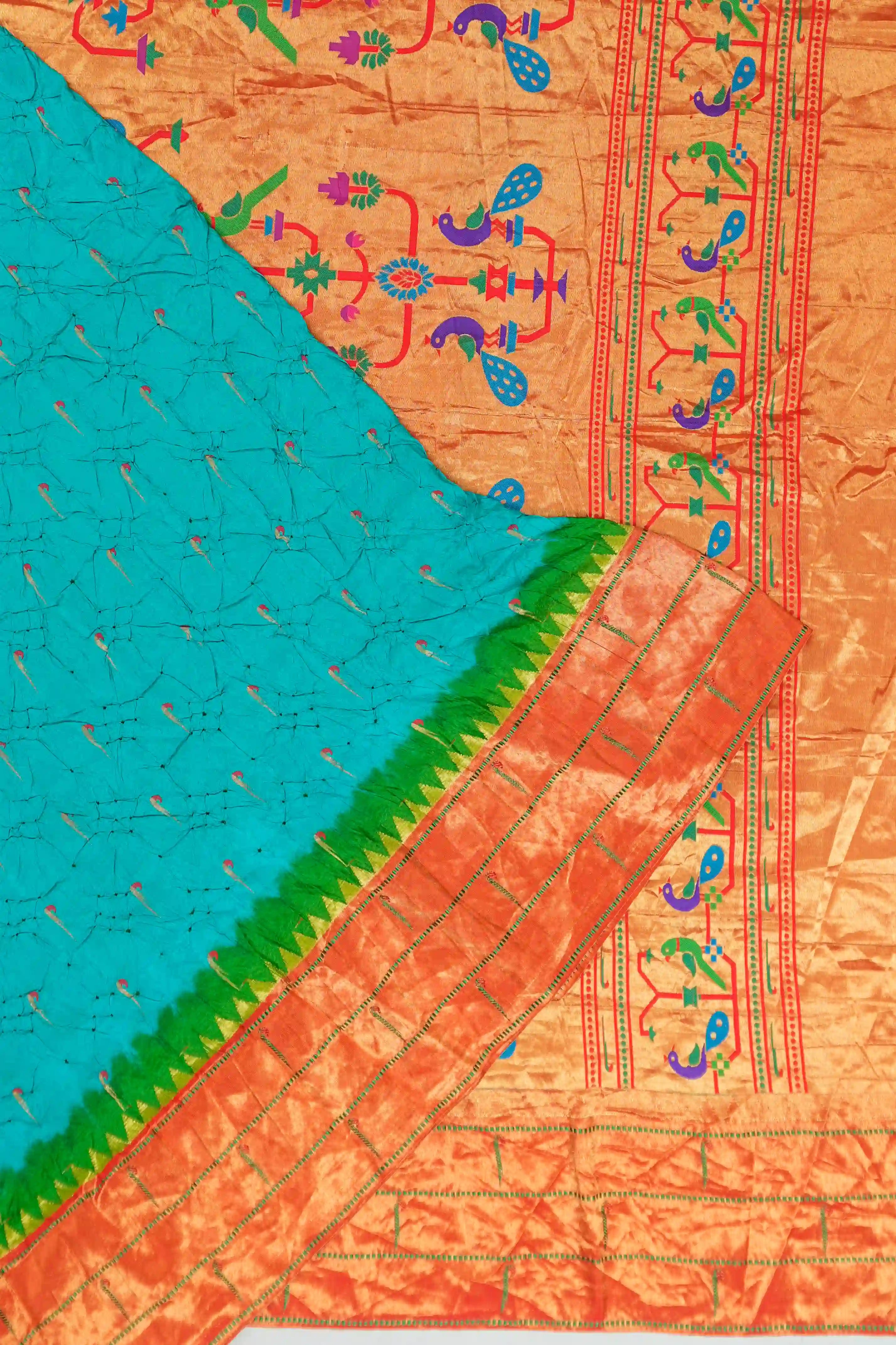 Muniya Silk Bandhani Sea Blue Saree with Paithani Inspired Border