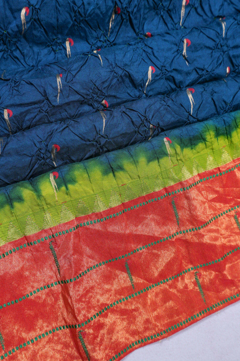 Muniya Silk X Bandhani Butta Blue Saree With Paithani Inspired Triple Muniya Border
