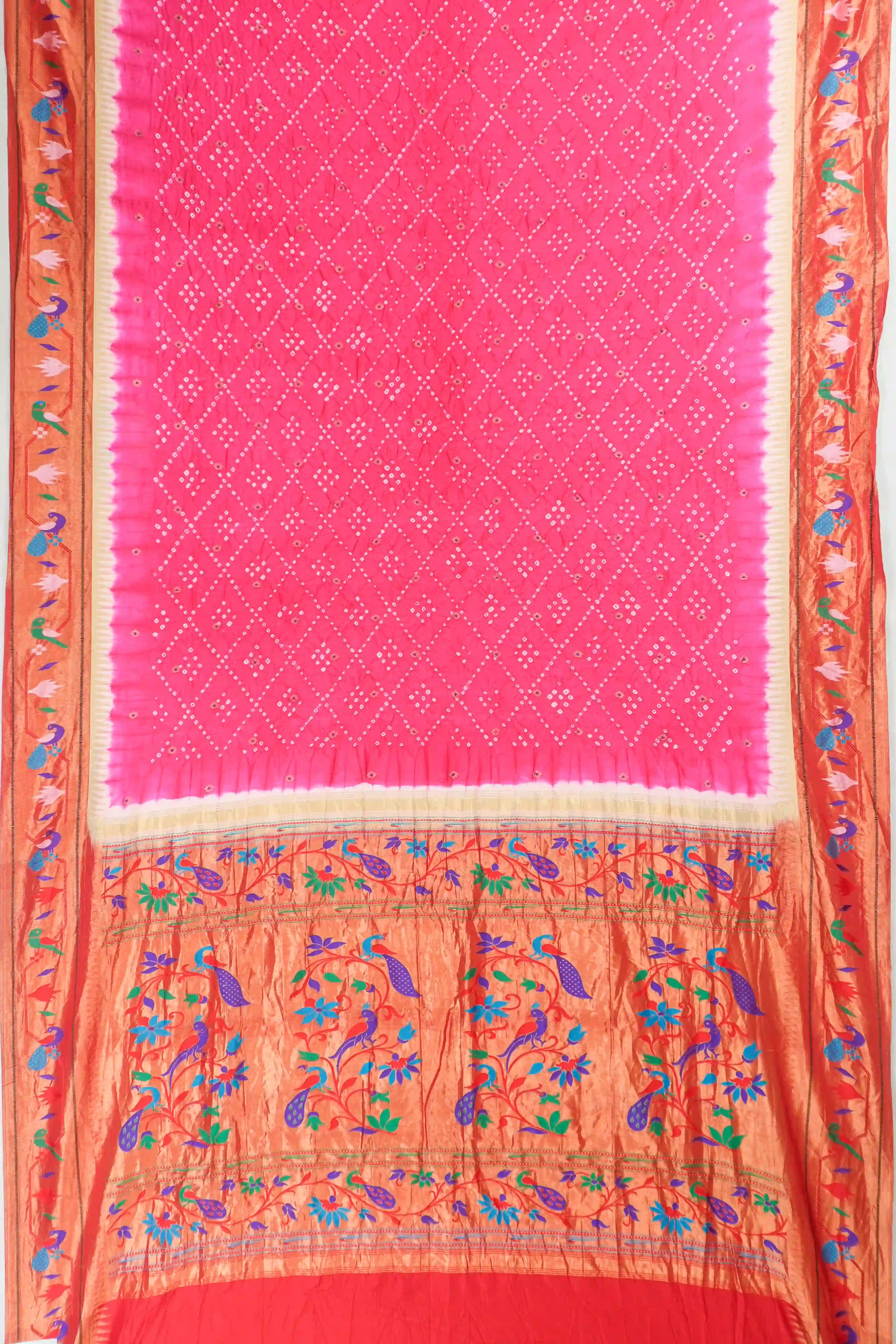 Muniya Silk Bandhani Pink Saree with Paithani Inspired Border