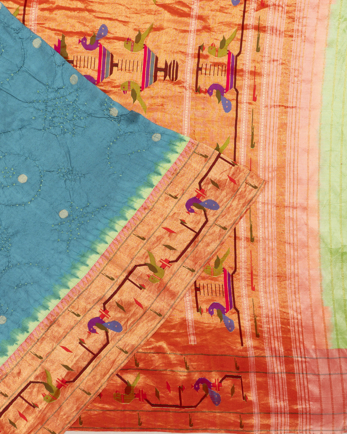 Paithani Silk Bandhani And Checks Blue Saree With Akruthi And Single Muniya Border
