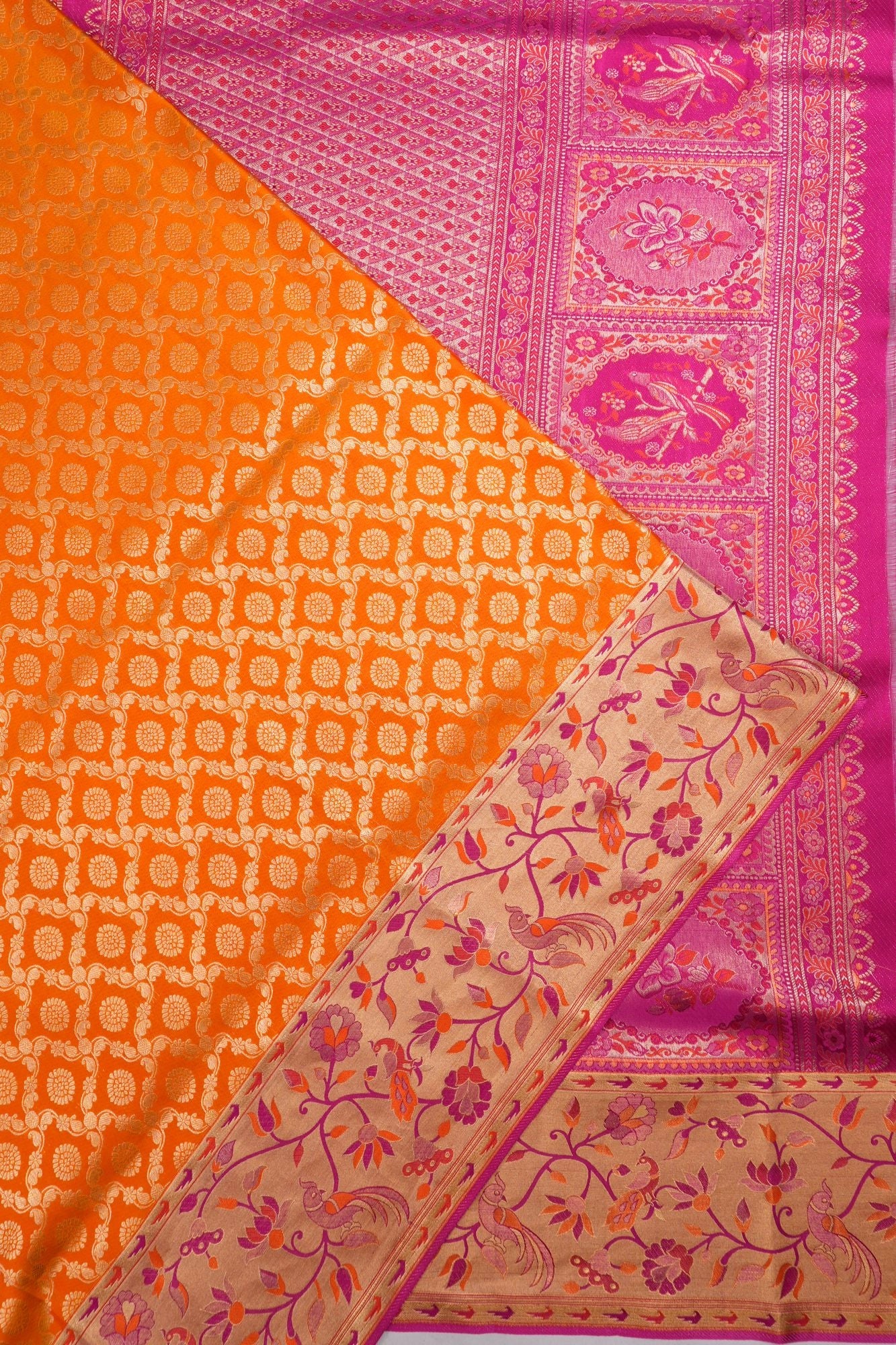 Kanchipuram Silk Jaal And Butta Orange Saree