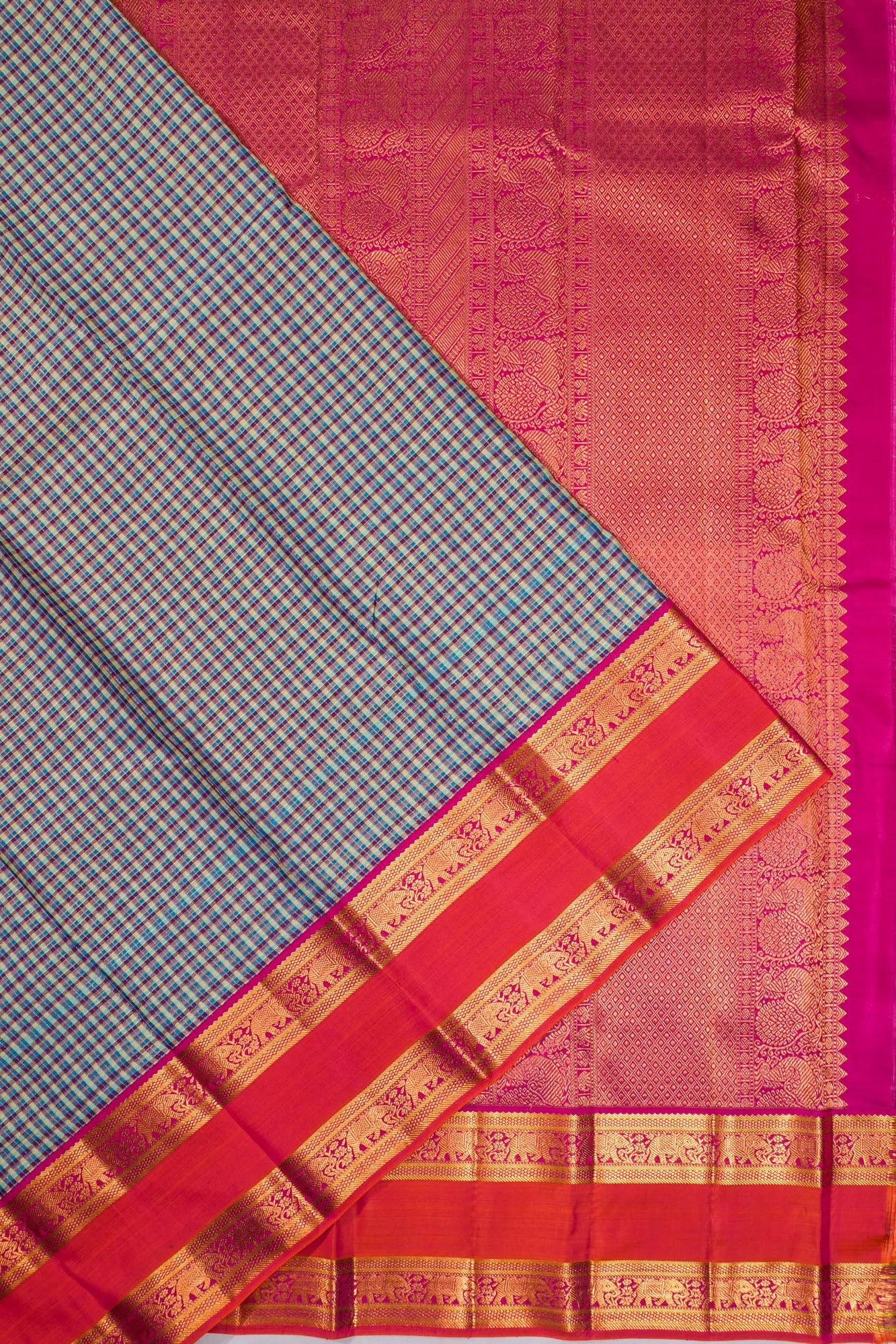 Classic Kanchipuram Silk Checks Blue Saree With Rettai Pettu Border