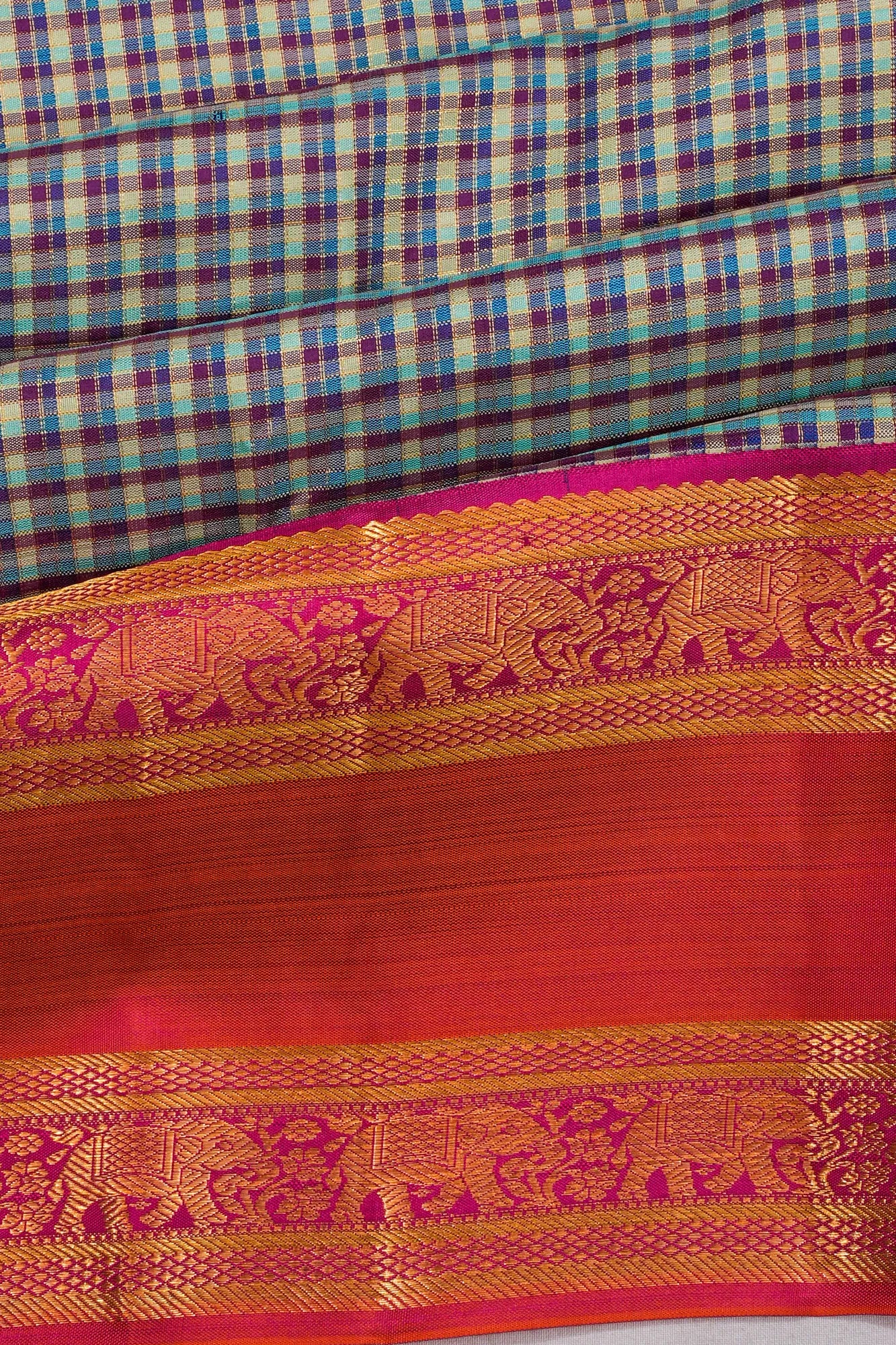 Classic Kanchipuram Silk Checks Blue Saree With Rettai Pettu Border