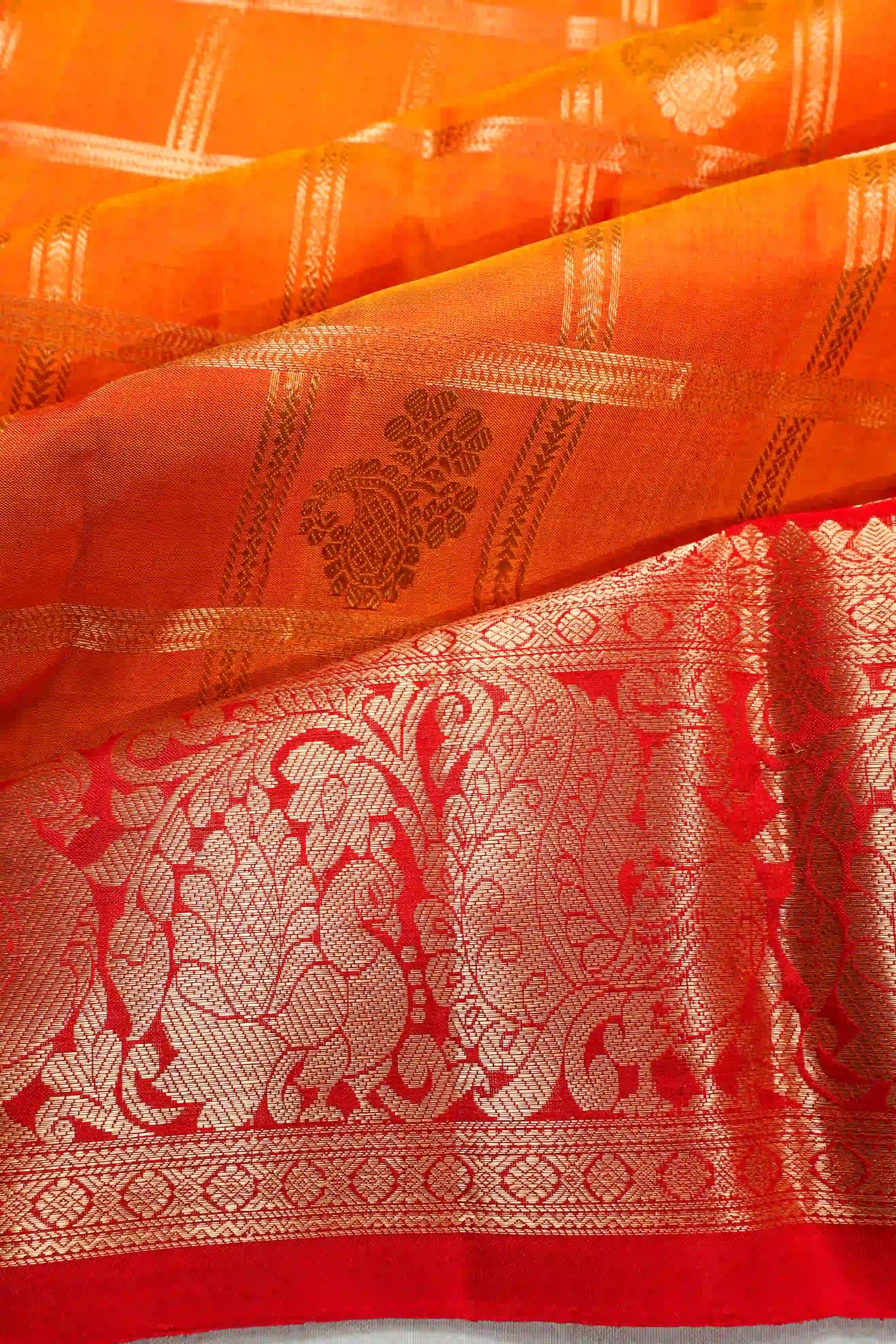 Kanchipuram Silk Checks And Butta Orange Saree
