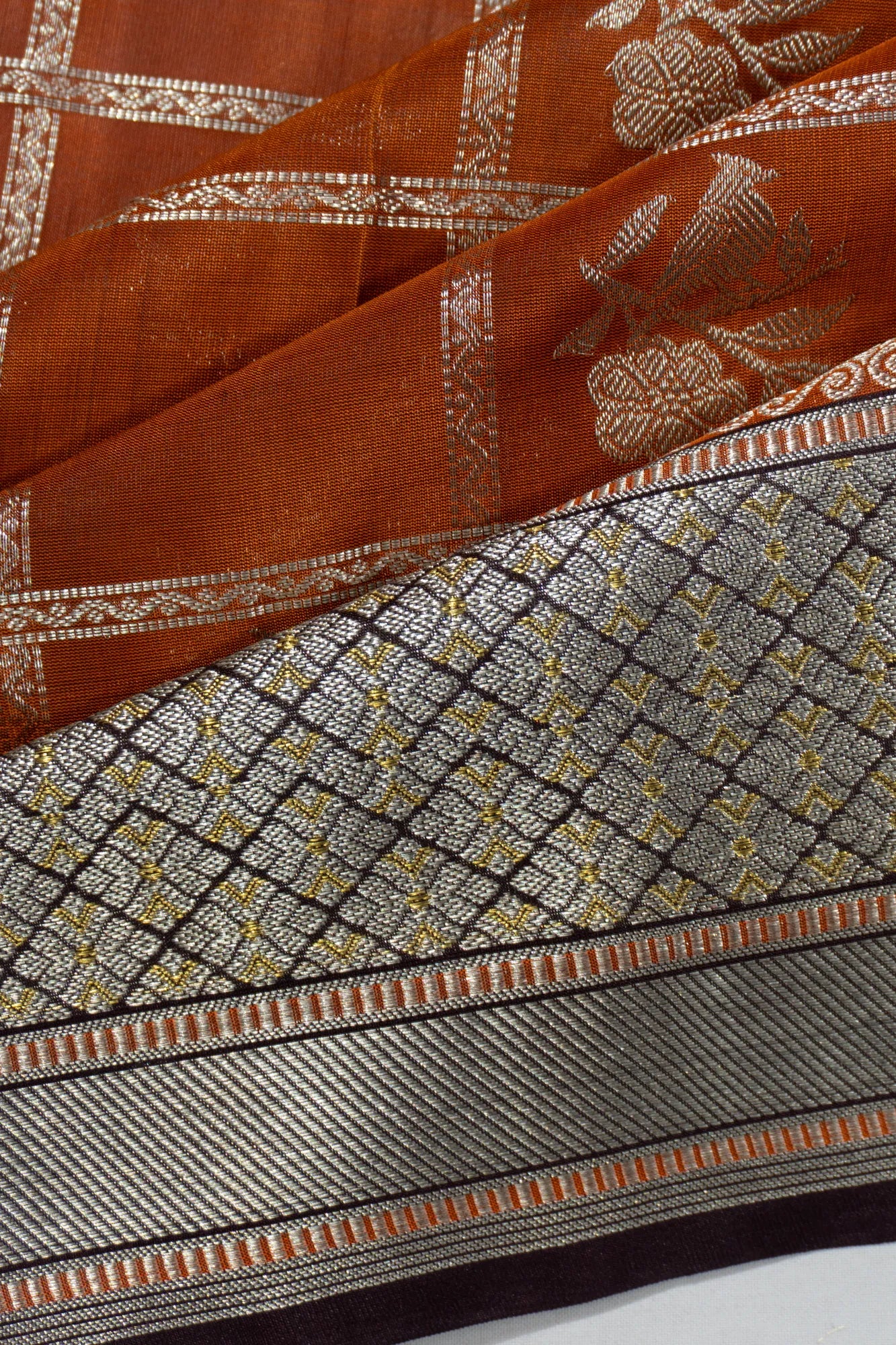 Venkatagiri Silk Checks And Butta Rust Orange Saree