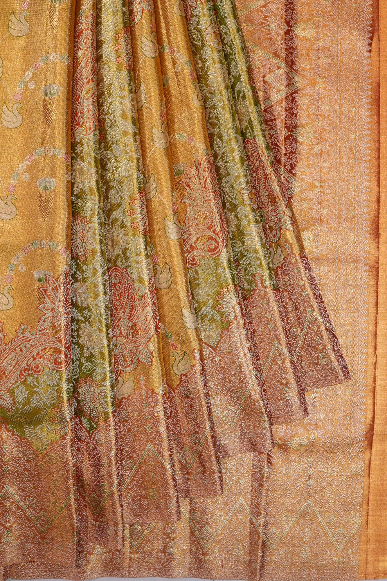 Kanchipuram Silk Tissue Jaal Gold And Green Saree