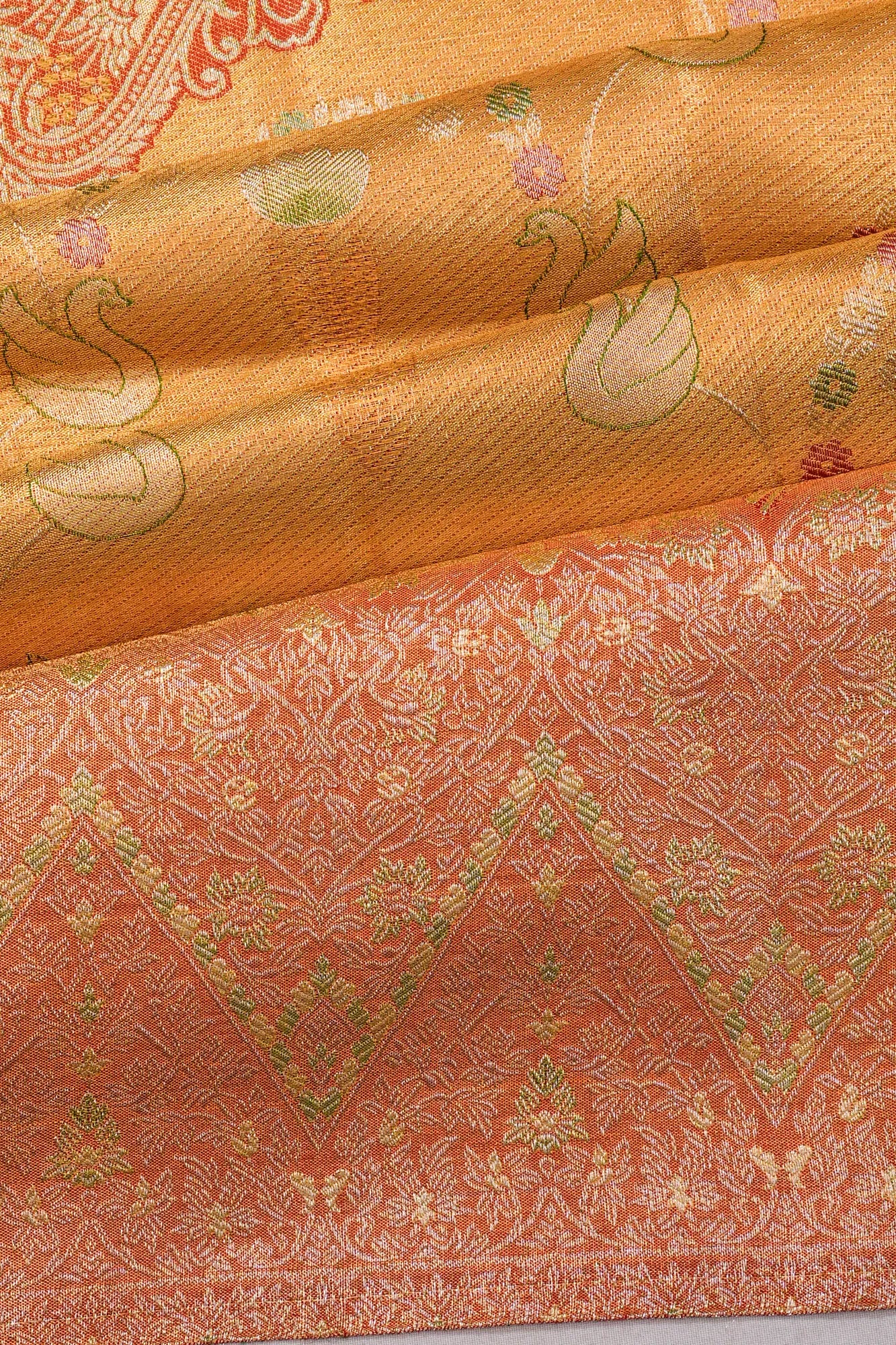 Kanchipuram Silk Tissue Jaal Gold And Green Saree