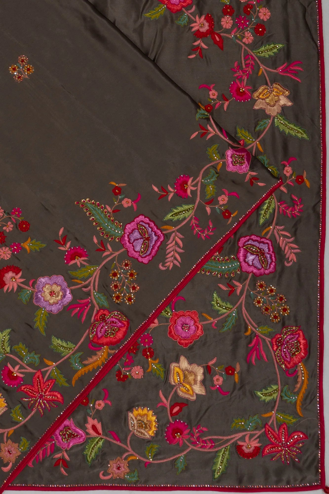 Satin Embroidery Butta Brown Saree