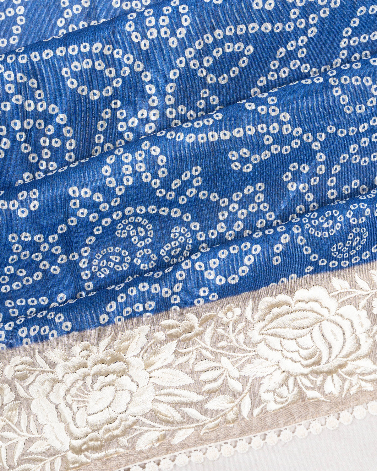 Tussar Bandhani Dark Blue Saree With Embroidery Border