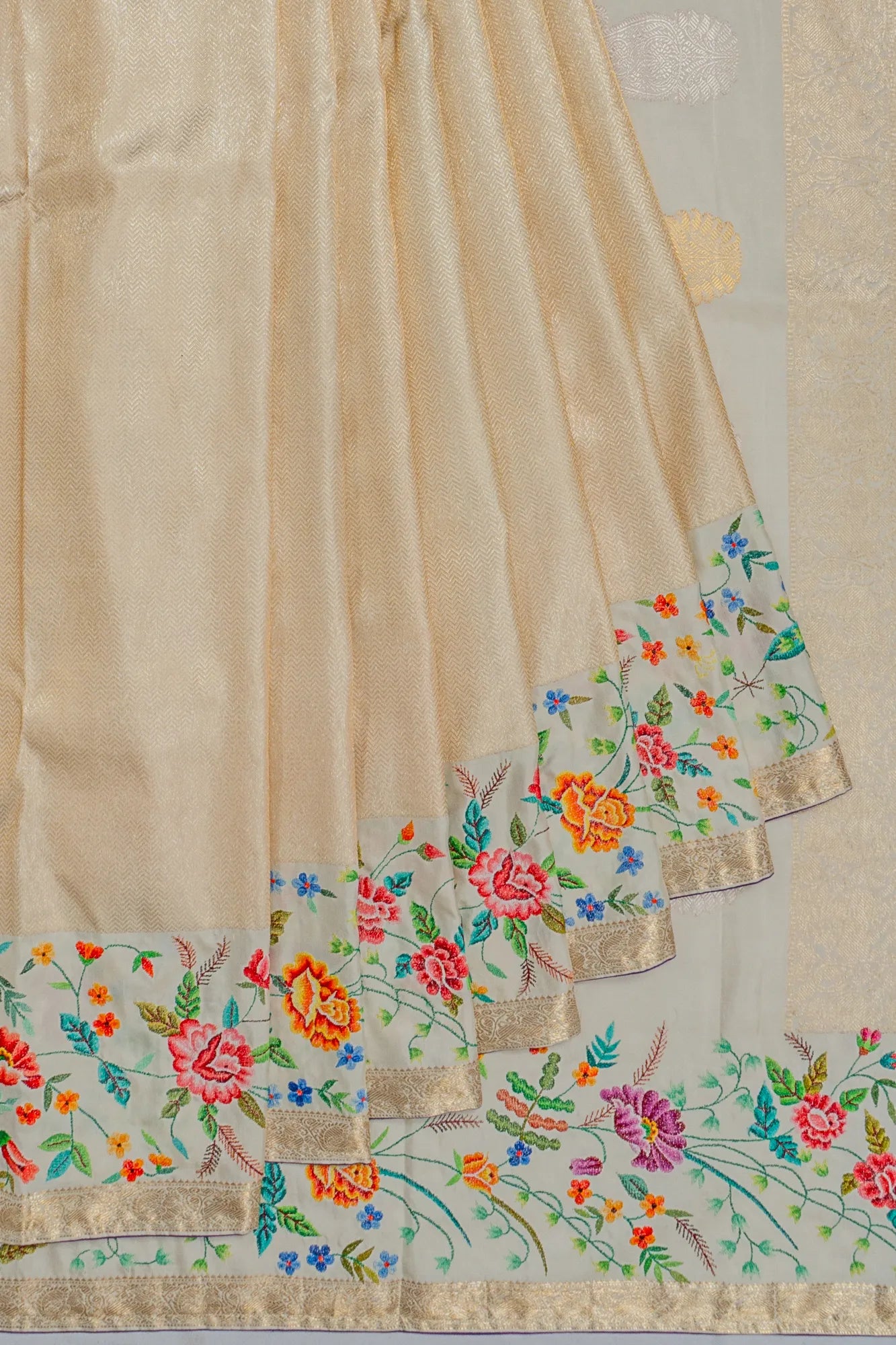 Petit Point X Kanchipuram Silk Tissue Chevron Brocade Gold Saree