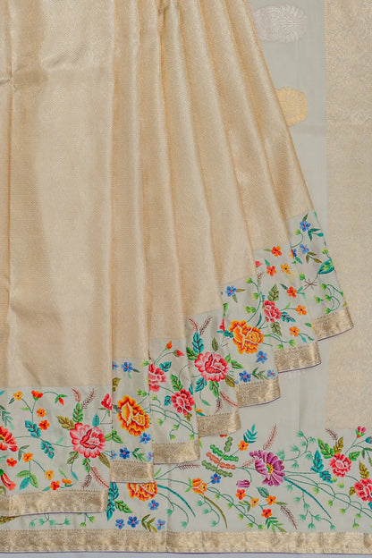 Petit Point X Kanchipuram Silk Tissue Chevron Brocade Gold Saree