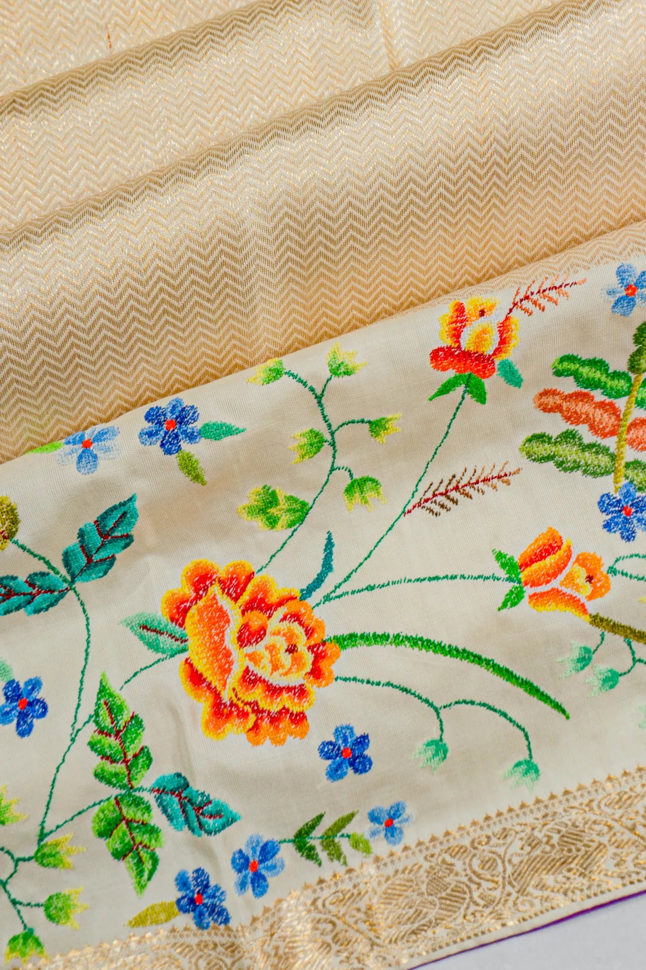 Petit Point X Kanchipuram Silk Tissue Chevron Brocade Gold Saree