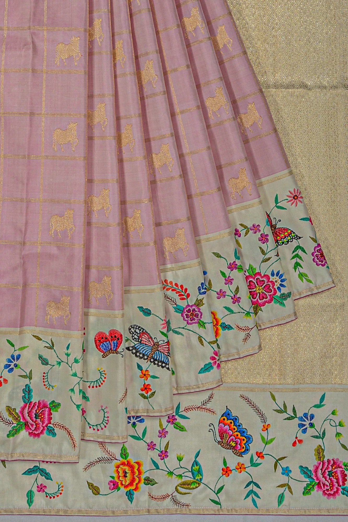 Petit Point X Kanchipuram Silk Checks And Butta Baby Pink Saree