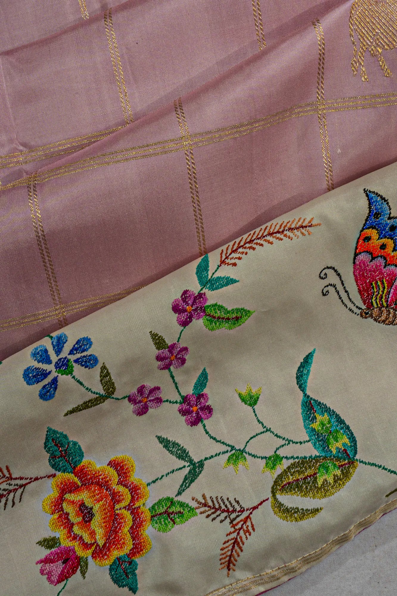 Petit Point X Kanchipuram Silk Checks And Butta Baby Pink Saree