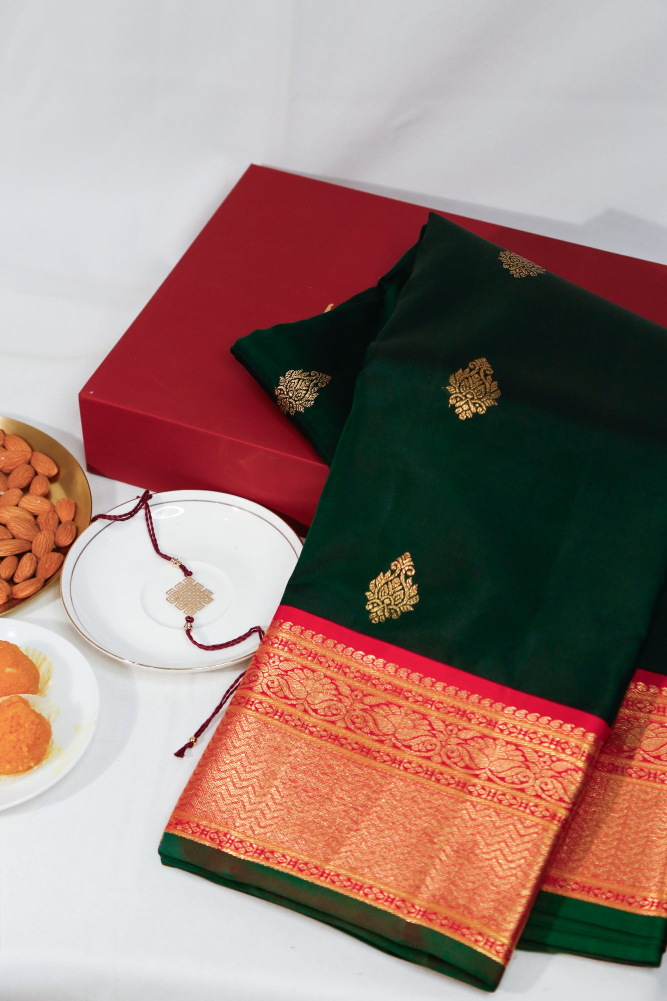 Taranga Kanchi Silk Butta Bottle Green Saree With Gift Box And Rakhi