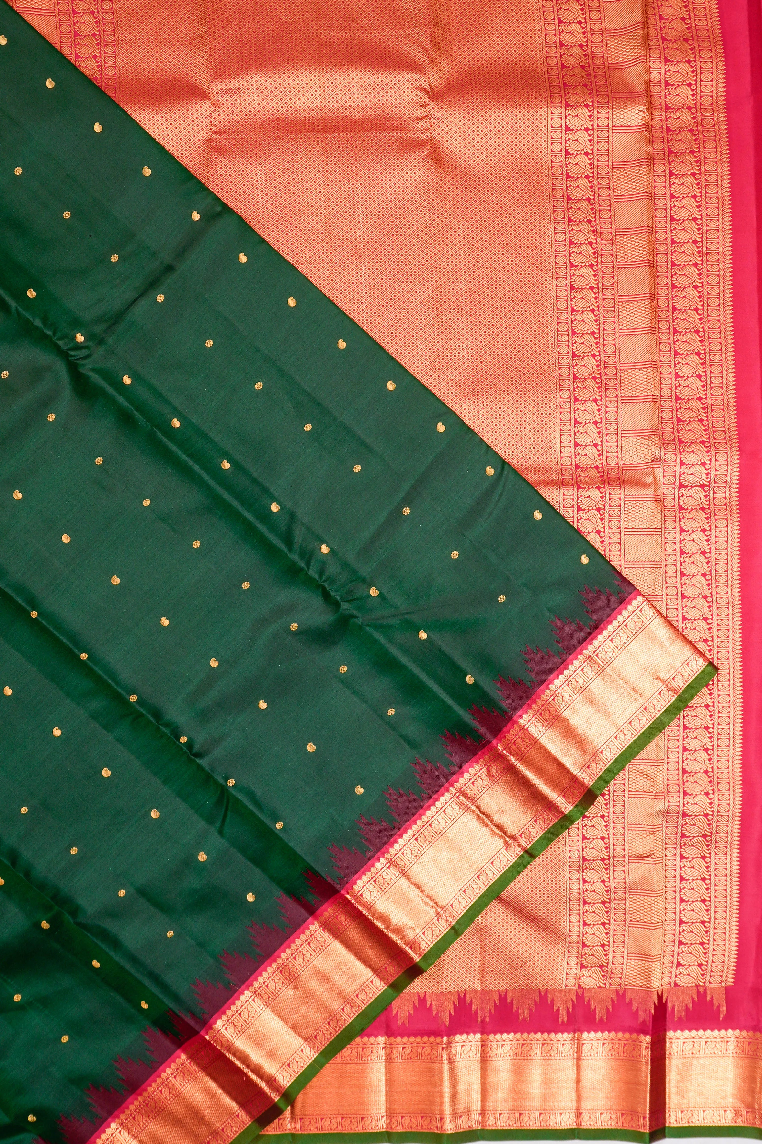 Taranga Kanchi Silk Butta Bottle Green Saree