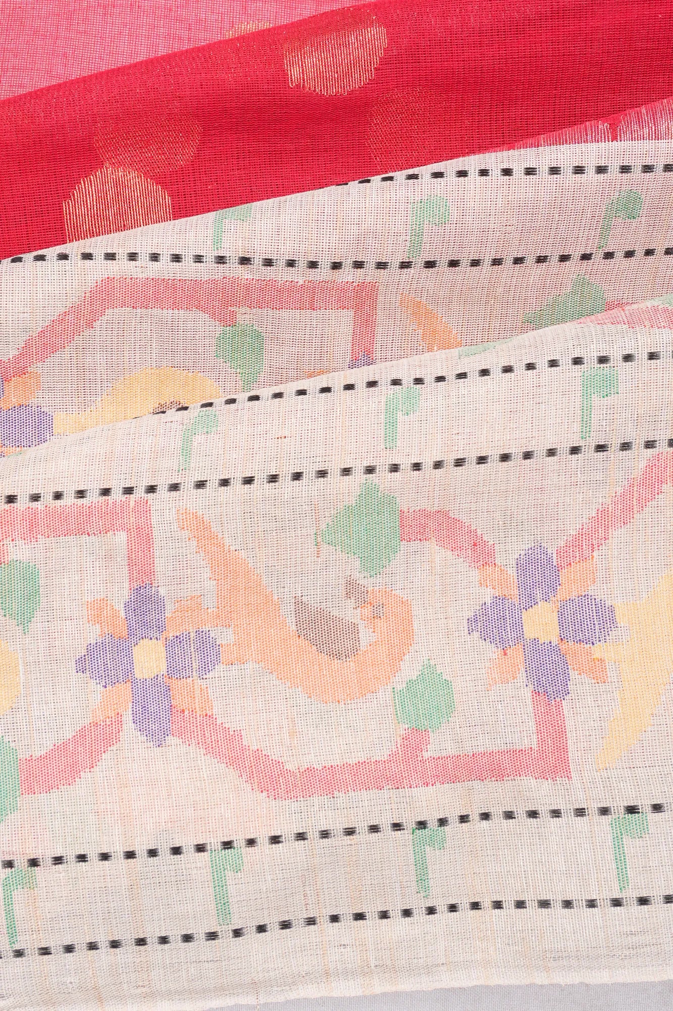 Ponduru Handspun Cotton Butta Red Saree With Jamdani Border