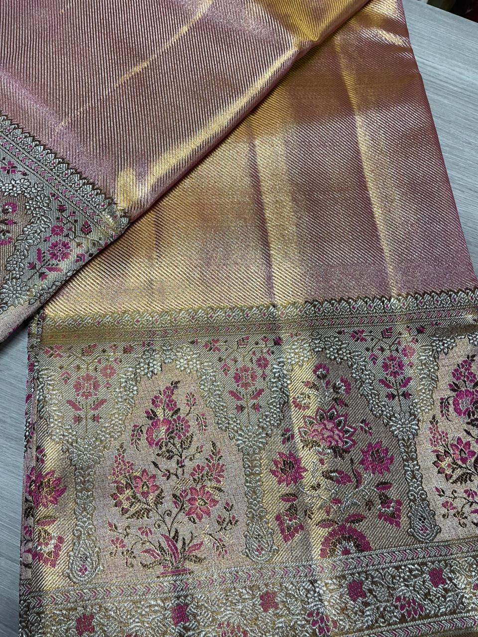 Kanchipuram Silk Tissue Brocade Pink Saree