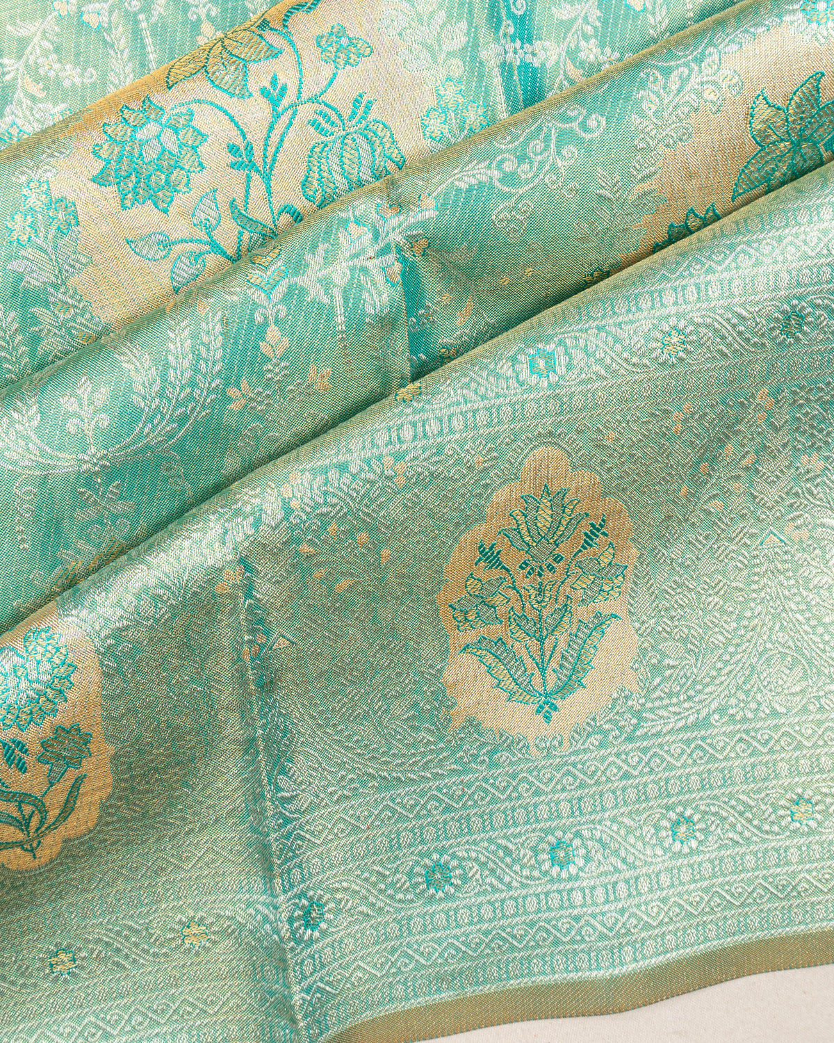 Kanchipuram Silk Tissue Brocade Diagonal Lines Ice Blue Saree