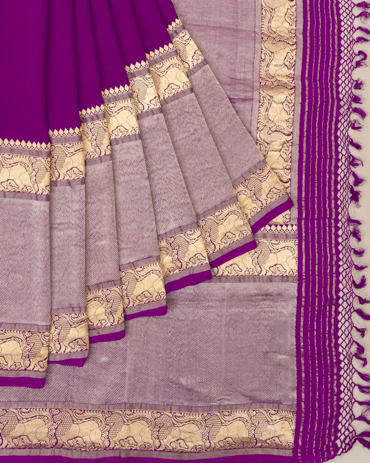 Kanchipuram X Georgette Plain Violet Saree With Big Border