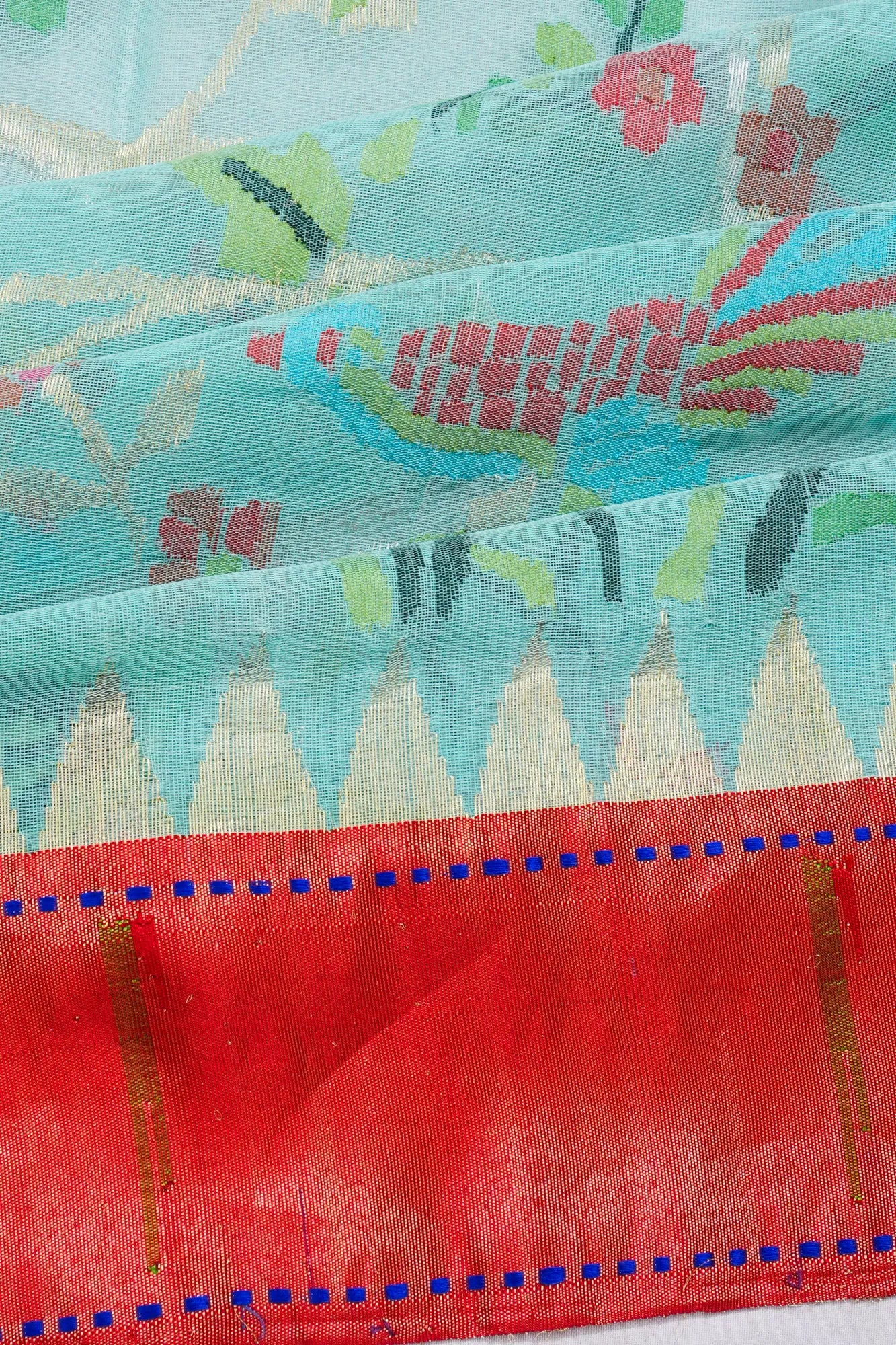 Ponduru Handspun Cotton Jamdani Jaal Sky Blue Saree With Paithani Border