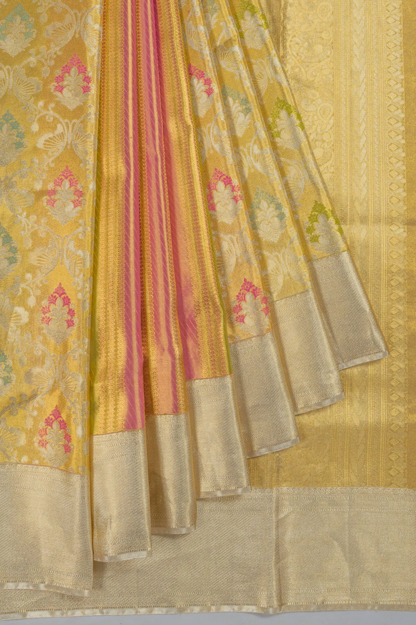 Taranga Kanchi Silk Tissue Half And Half Lines And Brocade Gold Saree