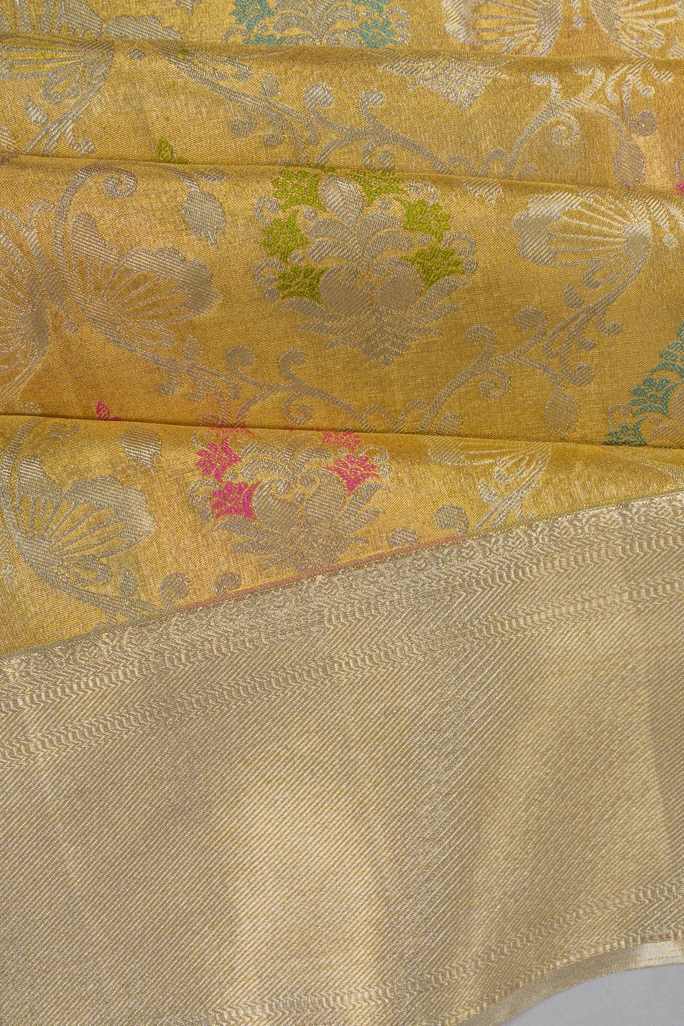 Taranga Kanchi Silk Tissue Half And Half Lines And Brocade Gold Saree