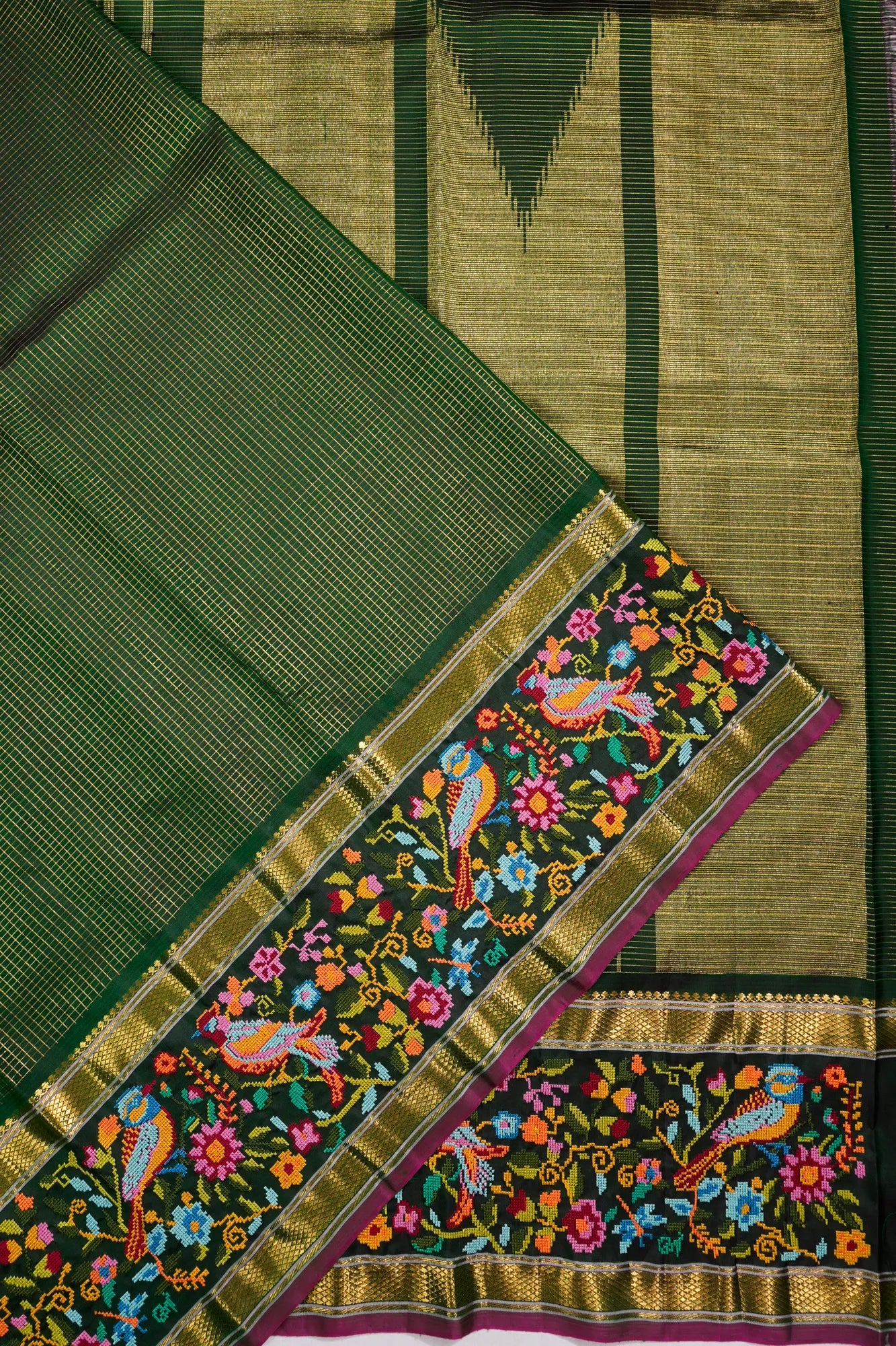 Kanchipuram Silk Checks Bottle Green Saree With Embroidery Border